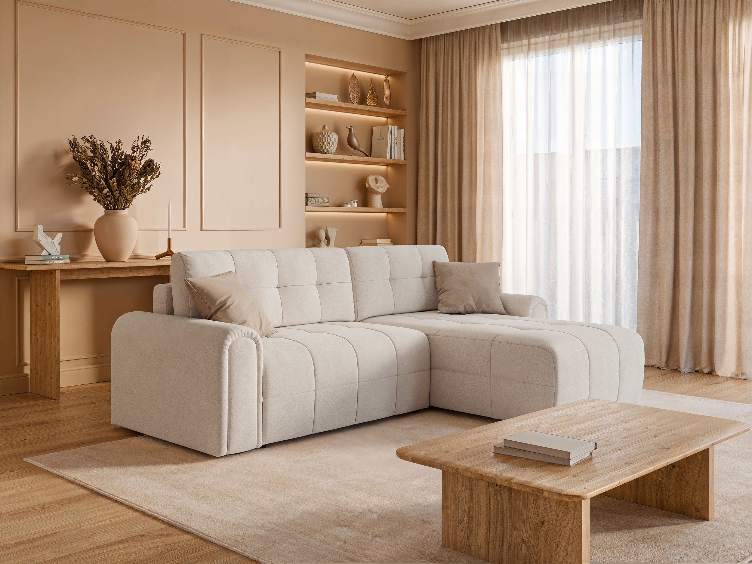 Ecksofa mit Schlaffunktion Simolla, L-förmig, rechtsseitig, mit Stauraum, cremefarbener Chenille-Bezug