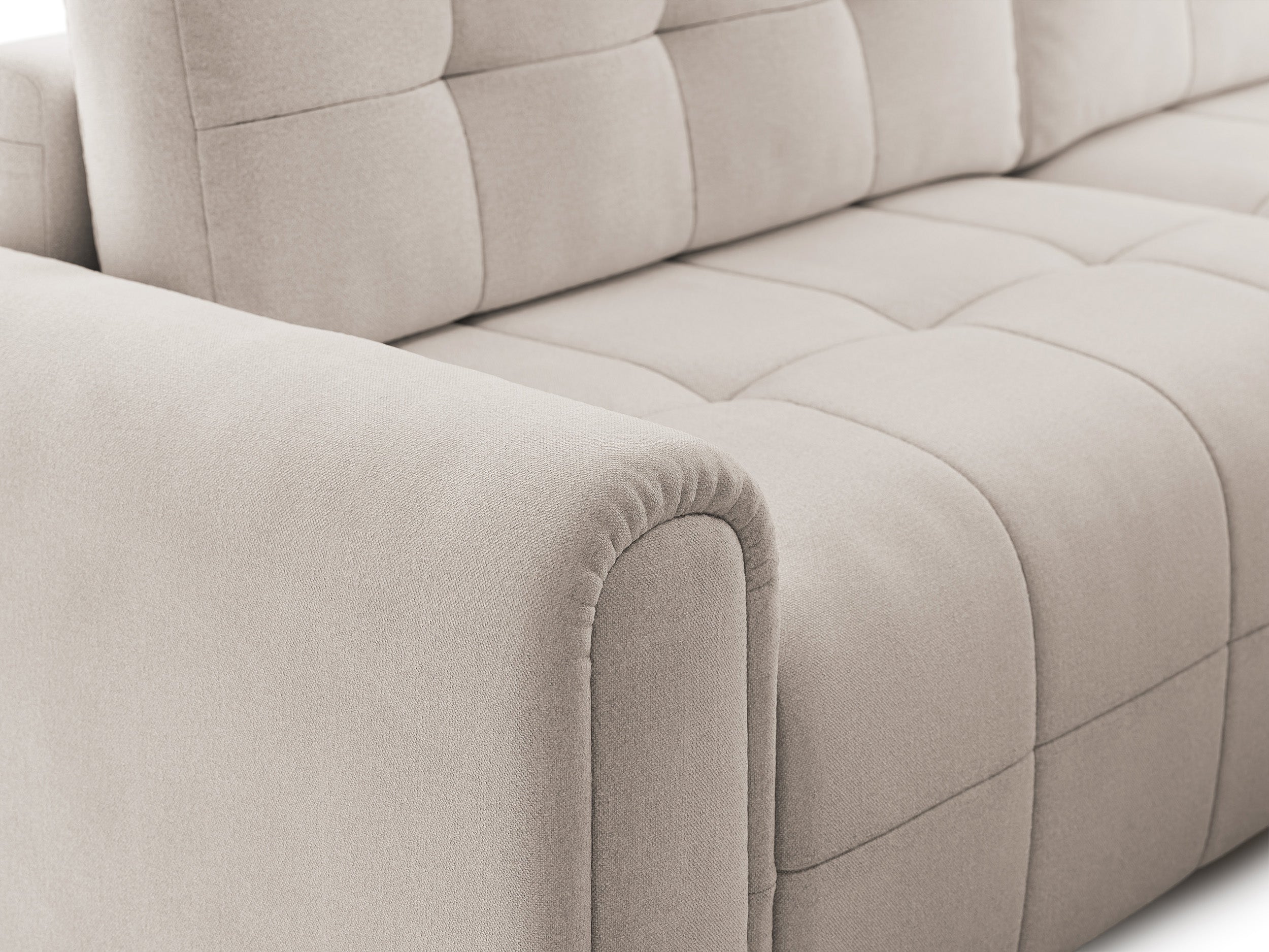Ecksofa mit Schlaffunktion Simolla, L-förmig, rechtsseitig, mit Stauraum, cremefarbener Chenille-Bezug