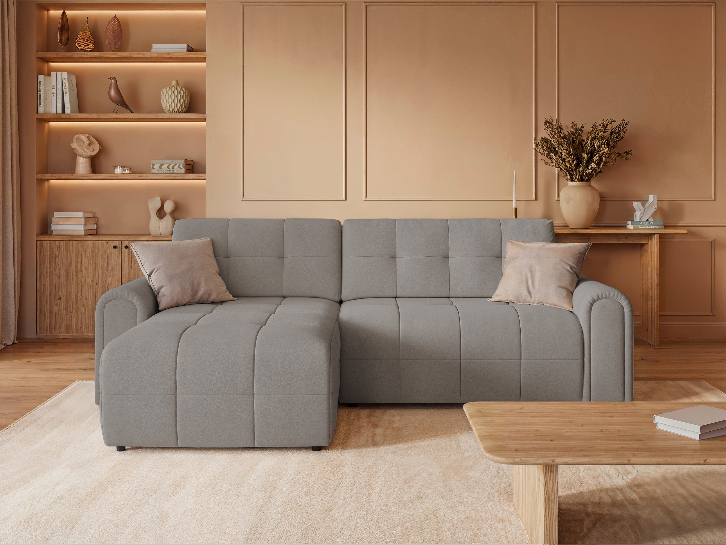 Ecksofa mit Schlaffunktion Simolla, L-förmig, linksseitig, mit Stauraum, grau-beiger Chenille-Stoff