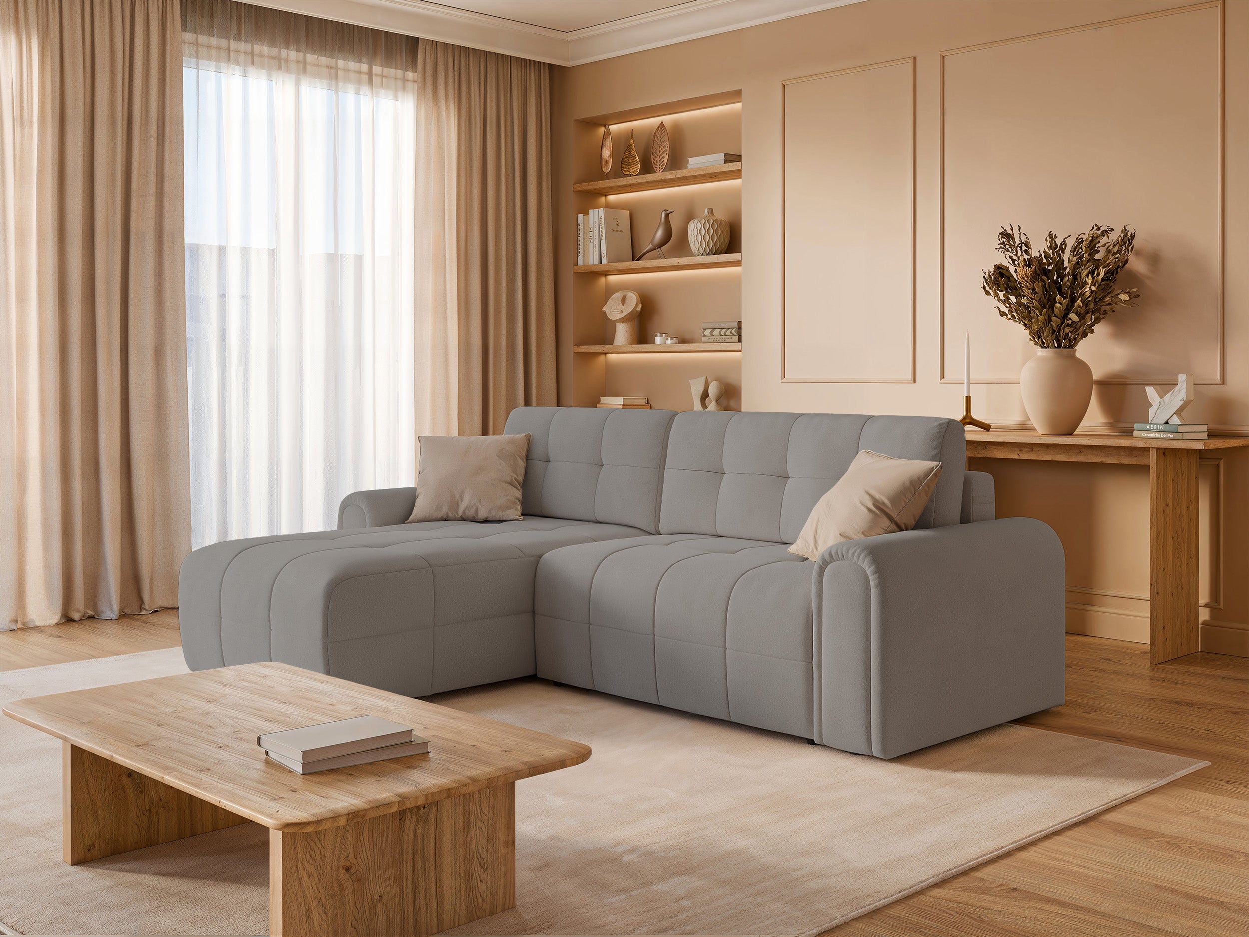 Ecksofa mit Schlaffunktion Simolla, L-förmig, linksseitig, mit Stauraum, grau-beiger Chenille-Stoff