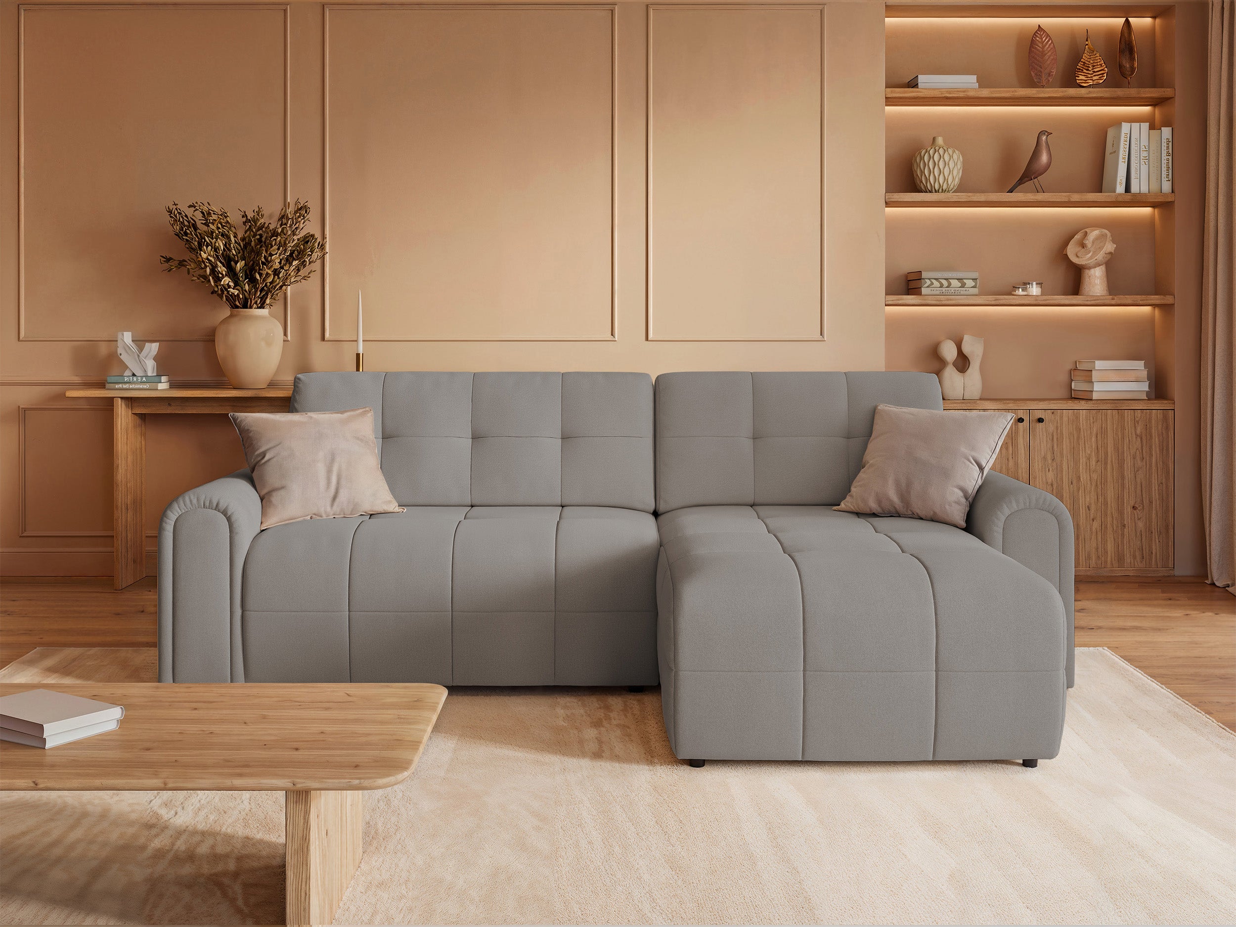 Ecksofa mit Schlaffunktion Simolla, L-förmig, rechtsseitig, mit Stauraum, grau-beiger Chenille-Bezug