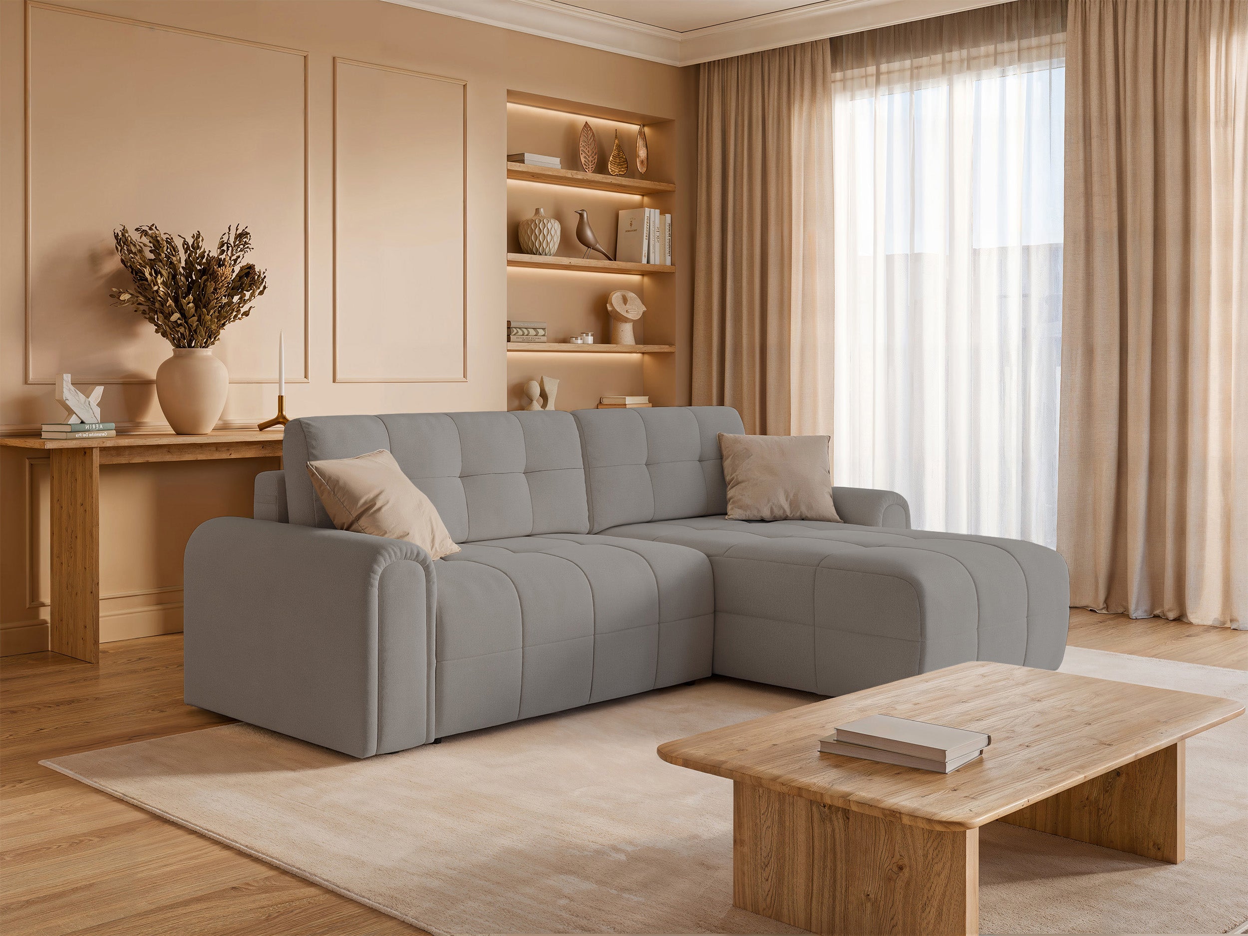Ecksofa mit Schlaffunktion Simolla, L-förmig, rechtsseitig, mit Stauraum, grau-beiger Chenille-Bezug