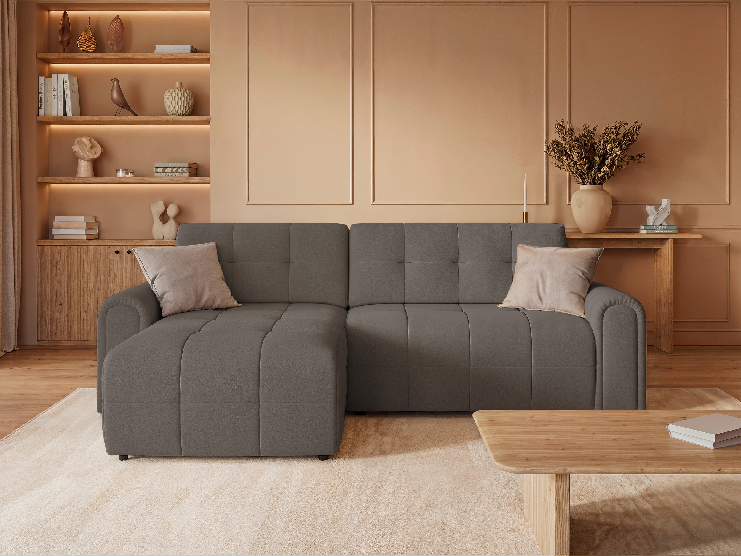 Ecksofa mit Schlaffunktion Simolla, L-förmig, linksseitig, mit Stauraum, grau-braunes Chenille