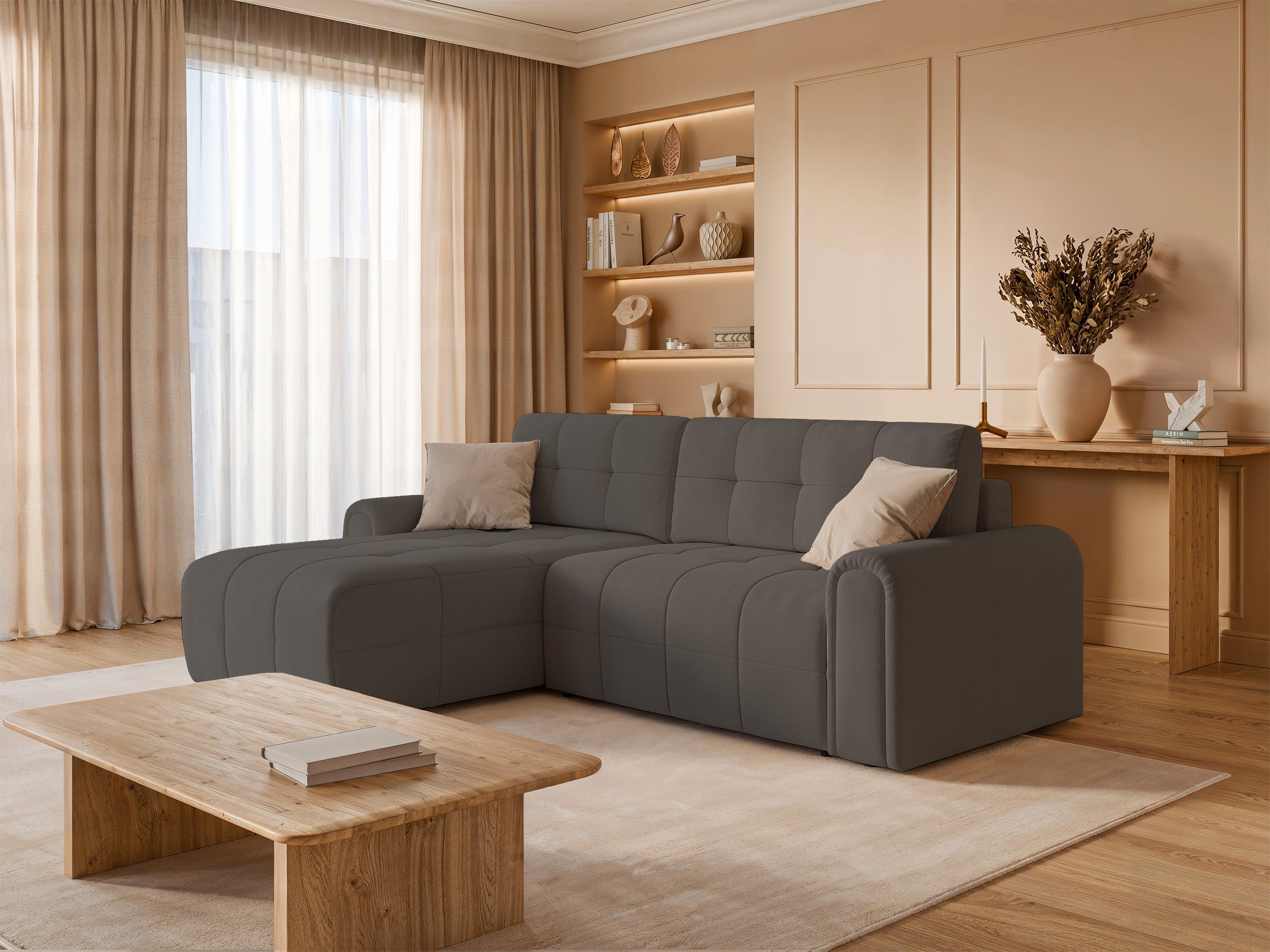 Ecksofa mit Schlaffunktion Simolla, L-förmig, linksseitig, mit Stauraum, grau-braunes Chenille
