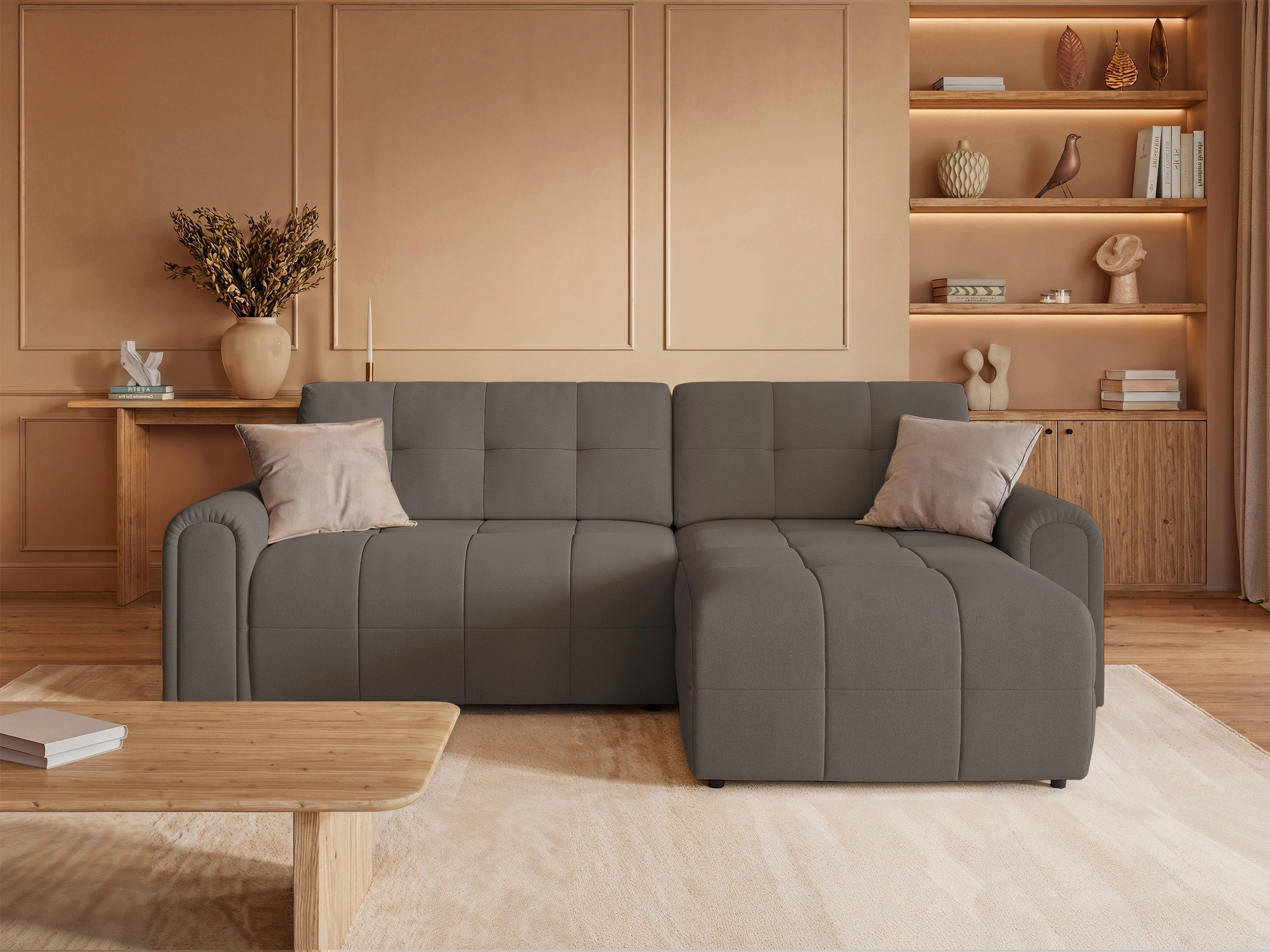 Ecksofa mit Schlaffunktion Simolla, L-förmig, rechtsseitig, mit Stauraum, grau-braunes Chenille