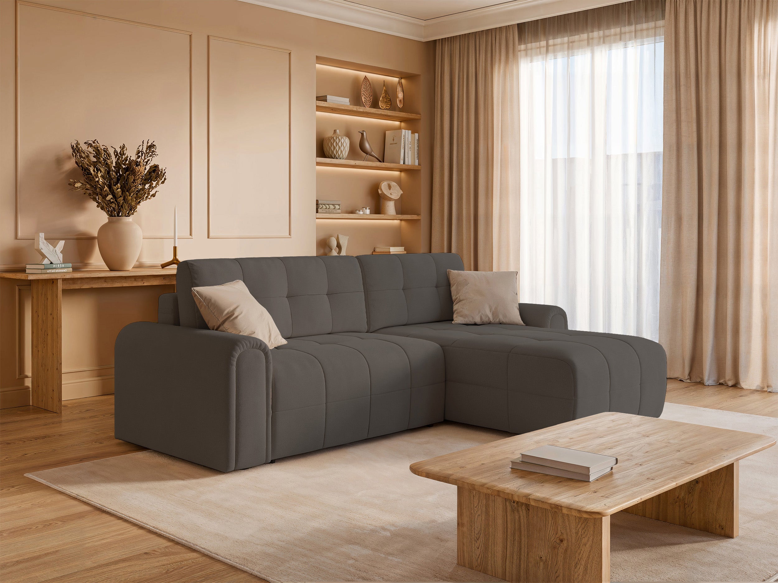 Ecksofa mit Schlaffunktion Simolla, L-förmig, rechtsseitig, mit Stauraum, grau-braunes Chenille