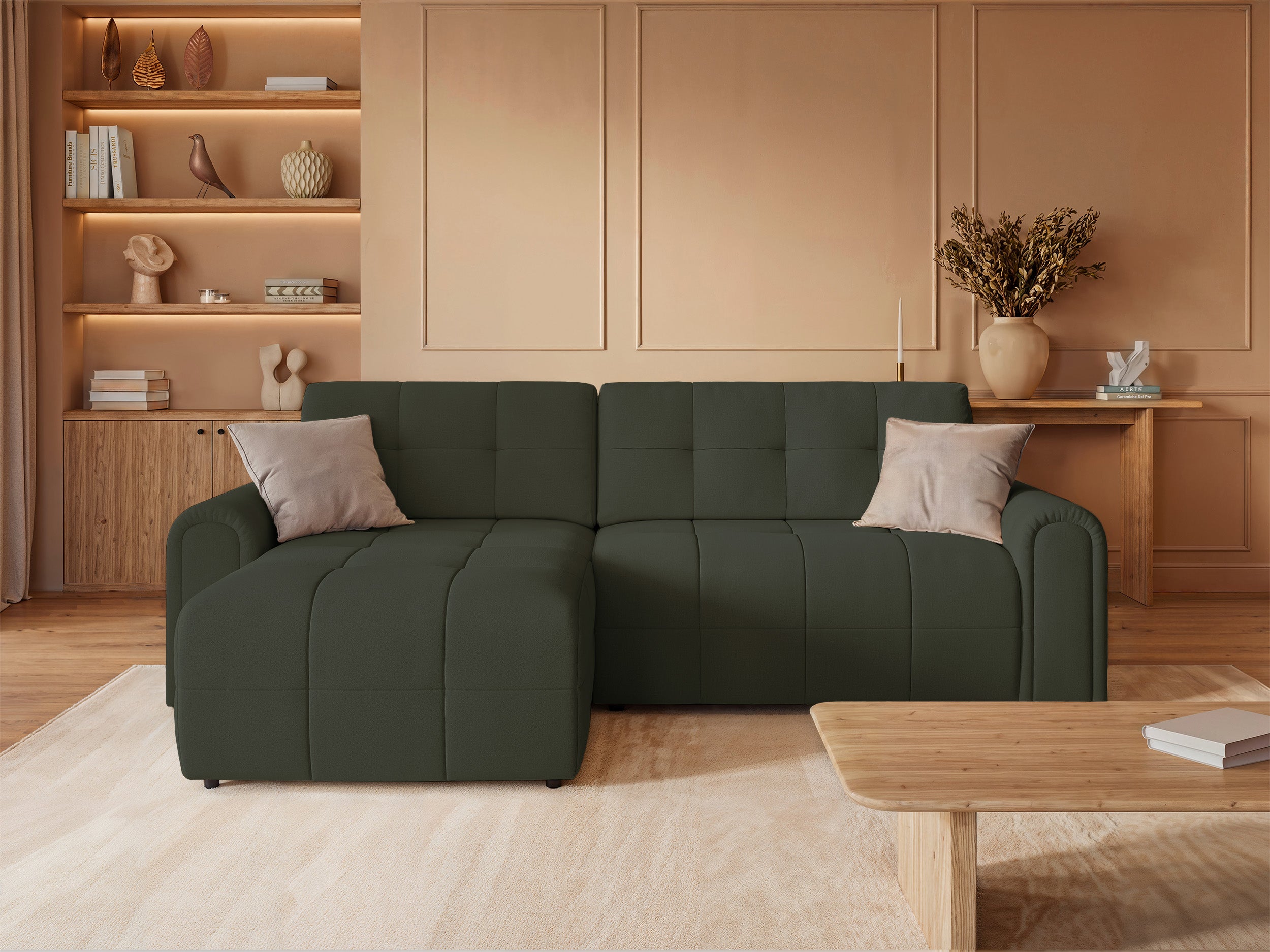 Ecksofa mit Schlaffunktion Simolla, L-förmig, linksseitig, mit Stauraum, olivgrüner Chenillebezug