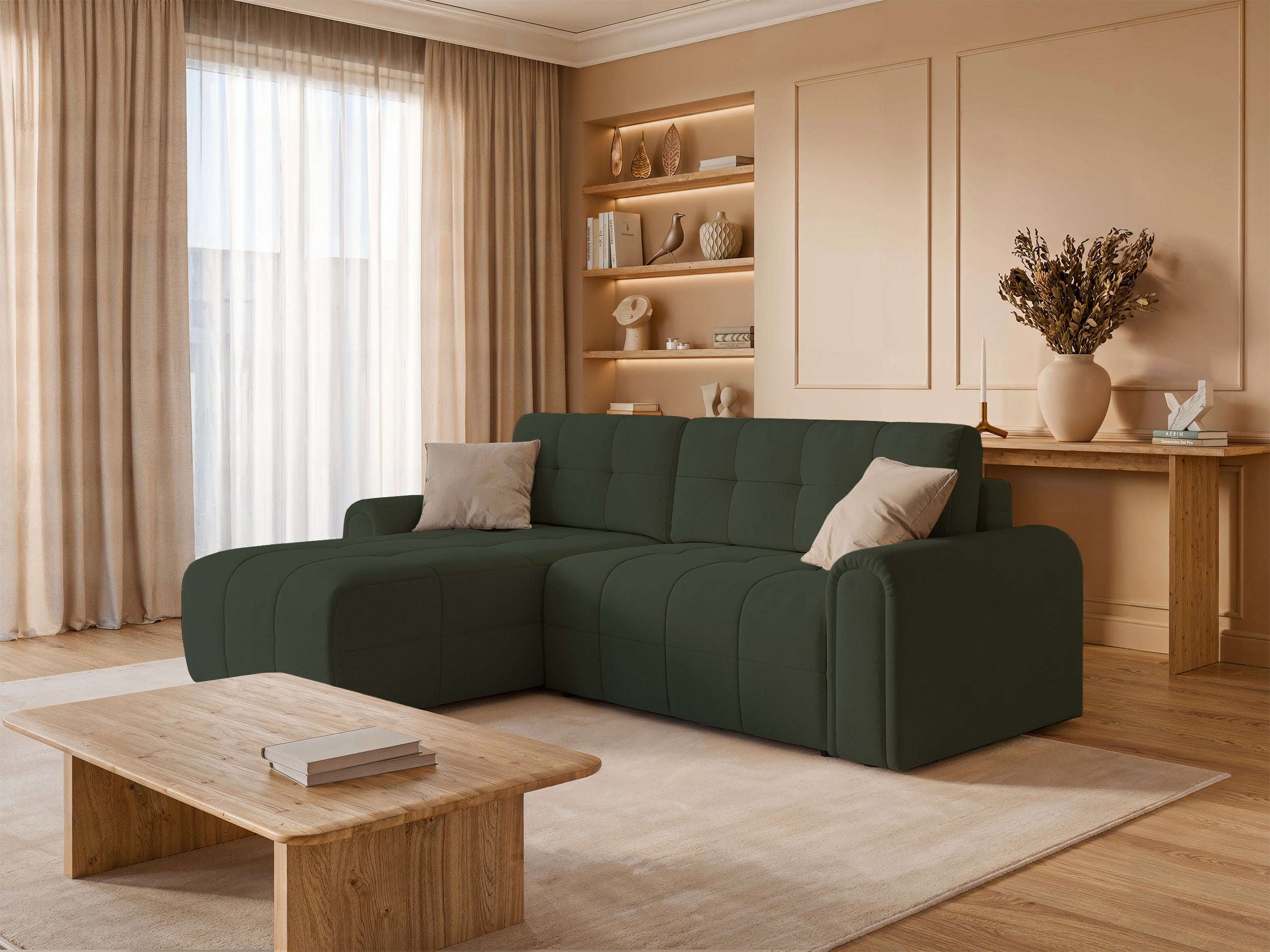 Ecksofa mit Schlaffunktion Simolla, L-förmig, linksseitig, mit Stauraum, olivgrüner Chenillebezug