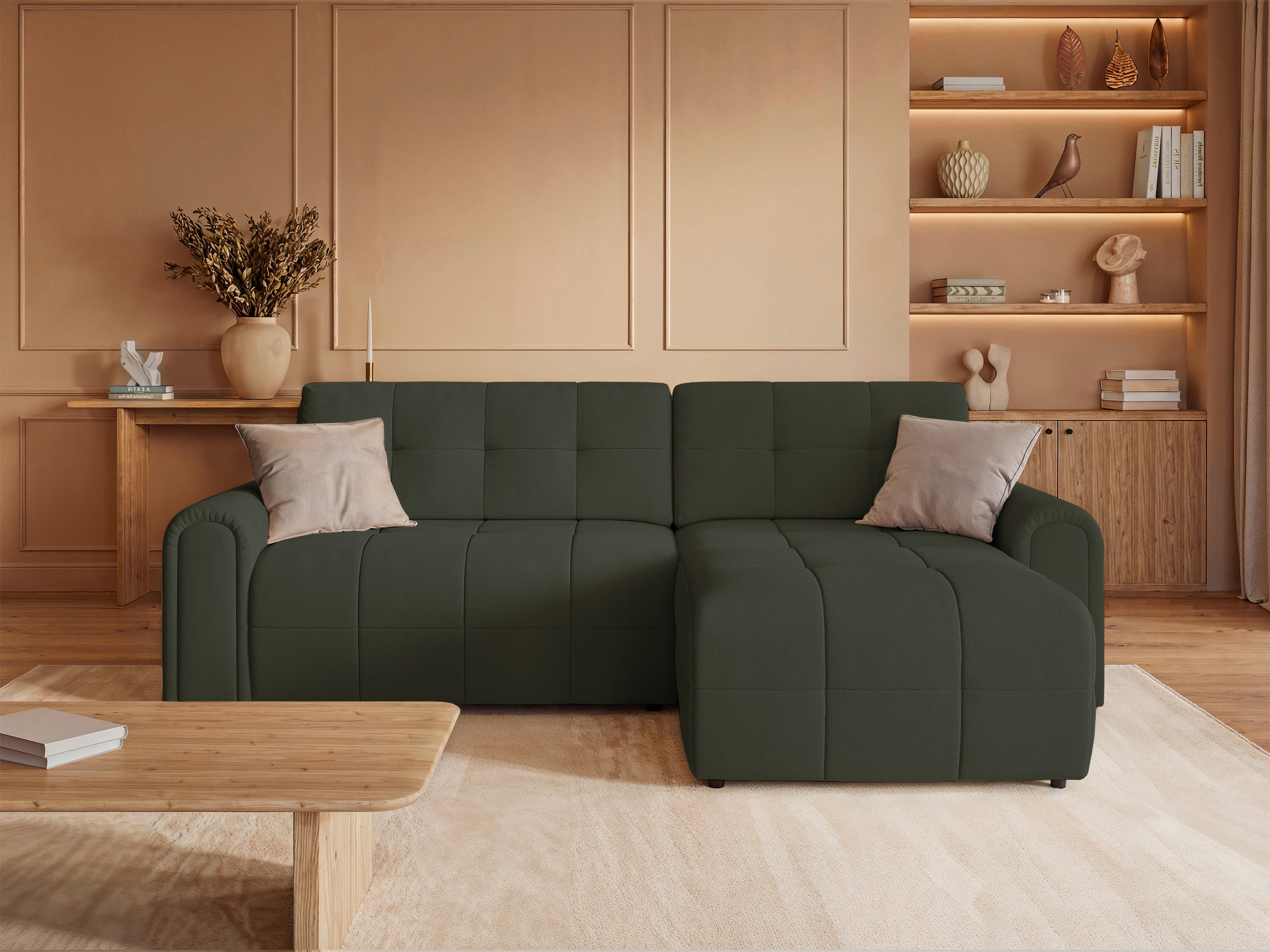 Ecksofa mit Schlaffunktion Simolla, L-förmig, rechtsseitig, mit Stauraum, olivgrüner Chenille-Bezug