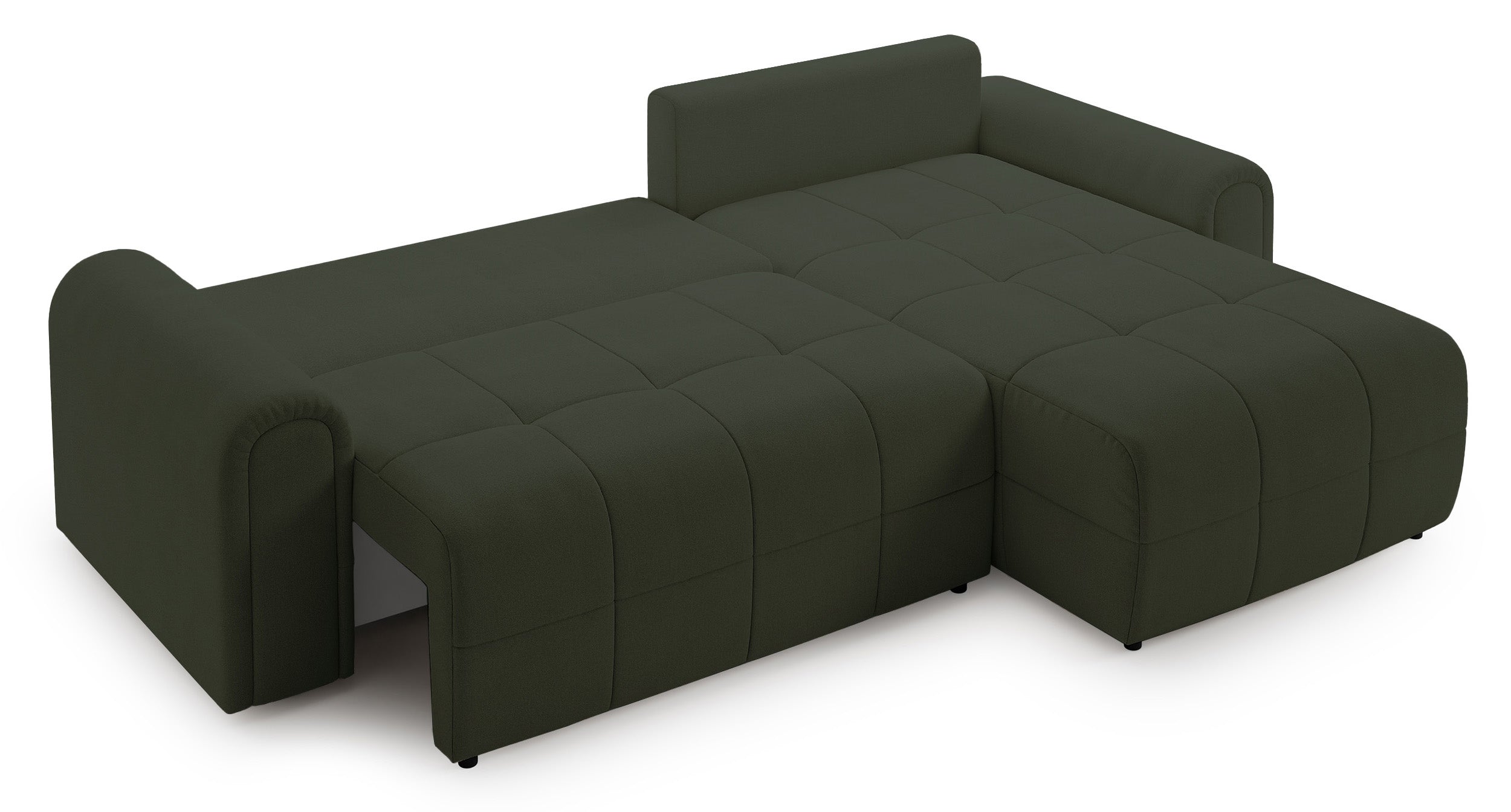 Ecksofa mit Schlaffunktion Simolla, L-förmig, rechtsseitig, mit Stauraum, olivgrüner Chenille-Bezug