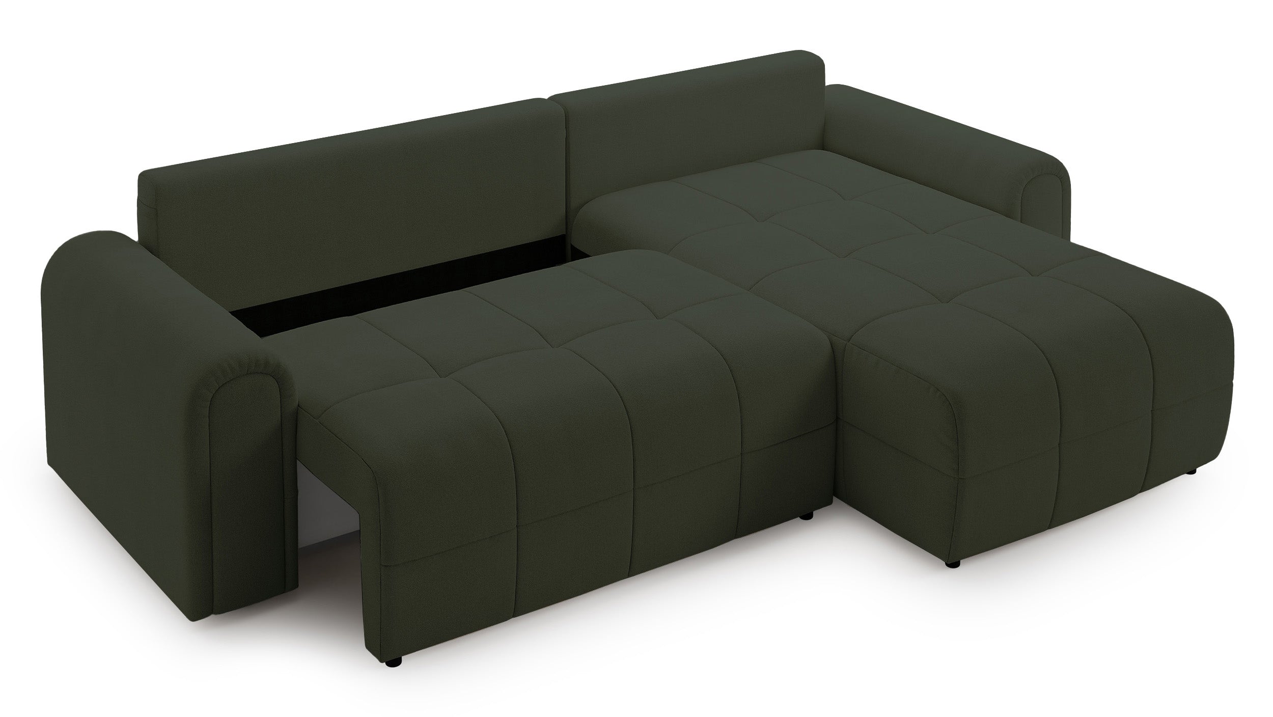 Ecksofa mit Schlaffunktion Simolla, L-förmig, rechtsseitig, mit Stauraum, olivgrüner Chenille-Bezug