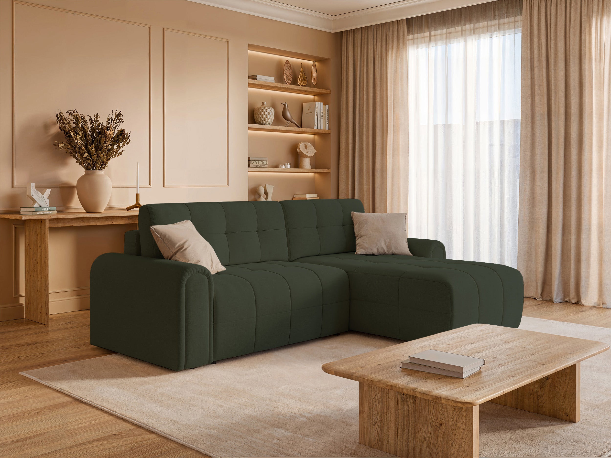 Ecksofa mit Schlaffunktion Simolla, L-förmig, rechtsseitig, mit Stauraum, olivgrüner Chenille-Bezug