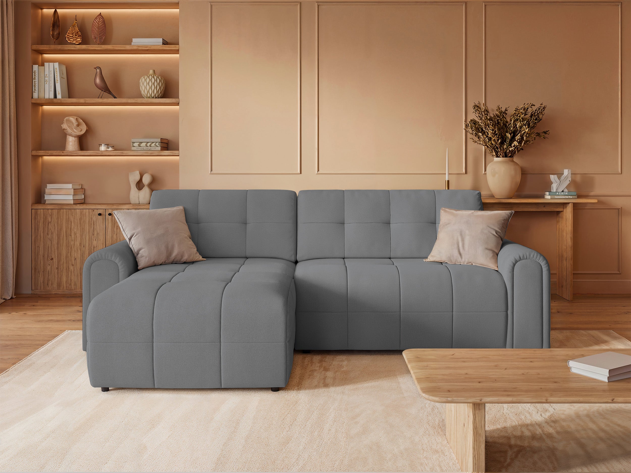 Ecksofa mit Schlaffunktion Simolla, L-förmig, linksseitig, mit Stauraum, grauer Chenille-Bezug