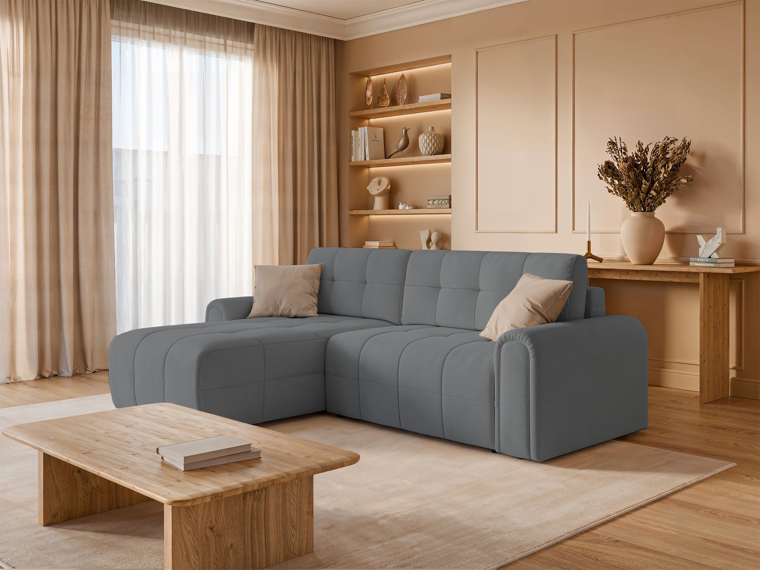 Ecksofa mit Schlaffunktion Simolla, L-förmig, linksseitig, mit Stauraum, grauer Chenille-Bezug