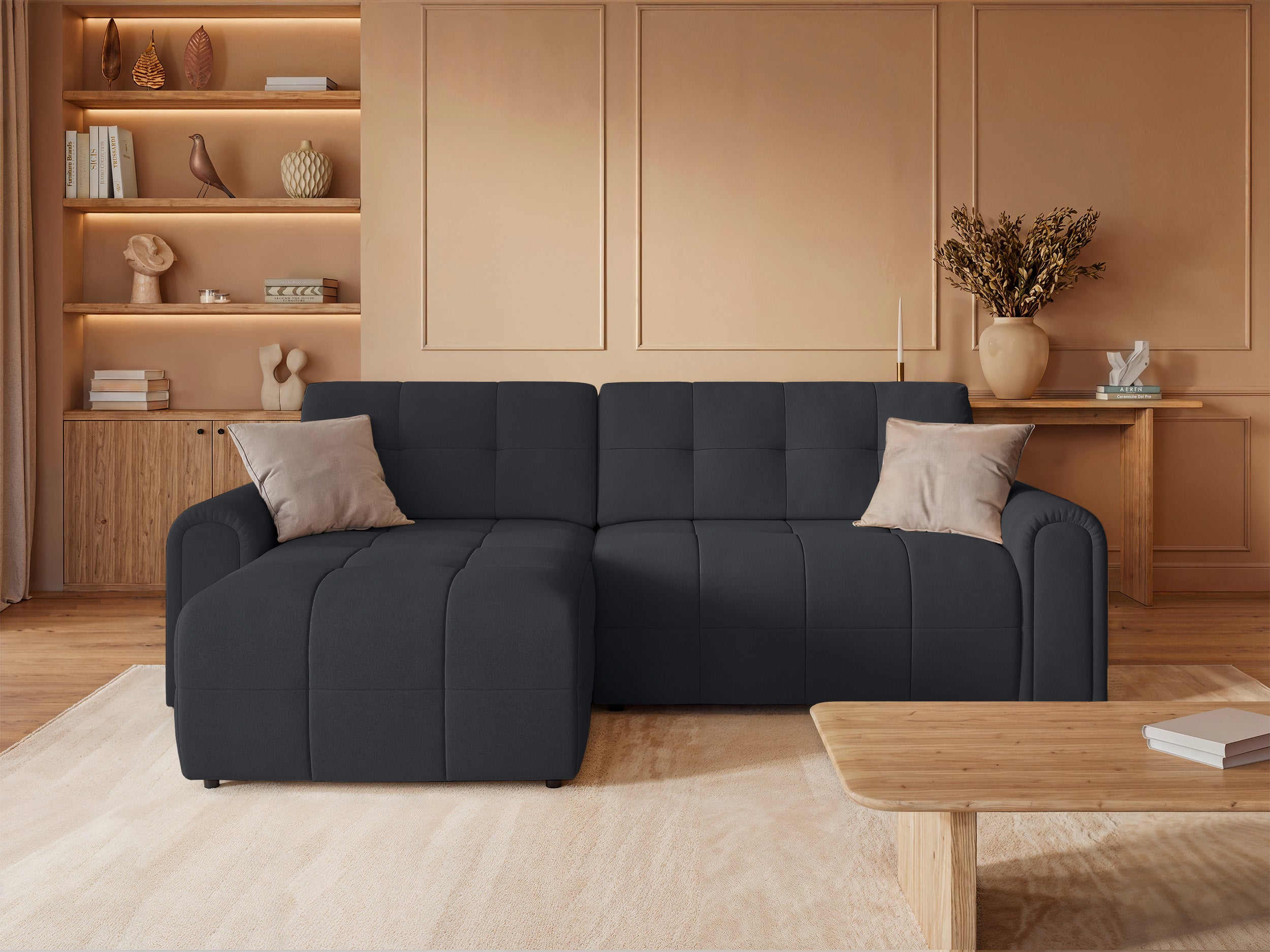 Ecksofa mit Schlaffunktion Simolla, L-förmig, linksseitig, mit Stauraum, dunkelgrauer Chenille-Stoff