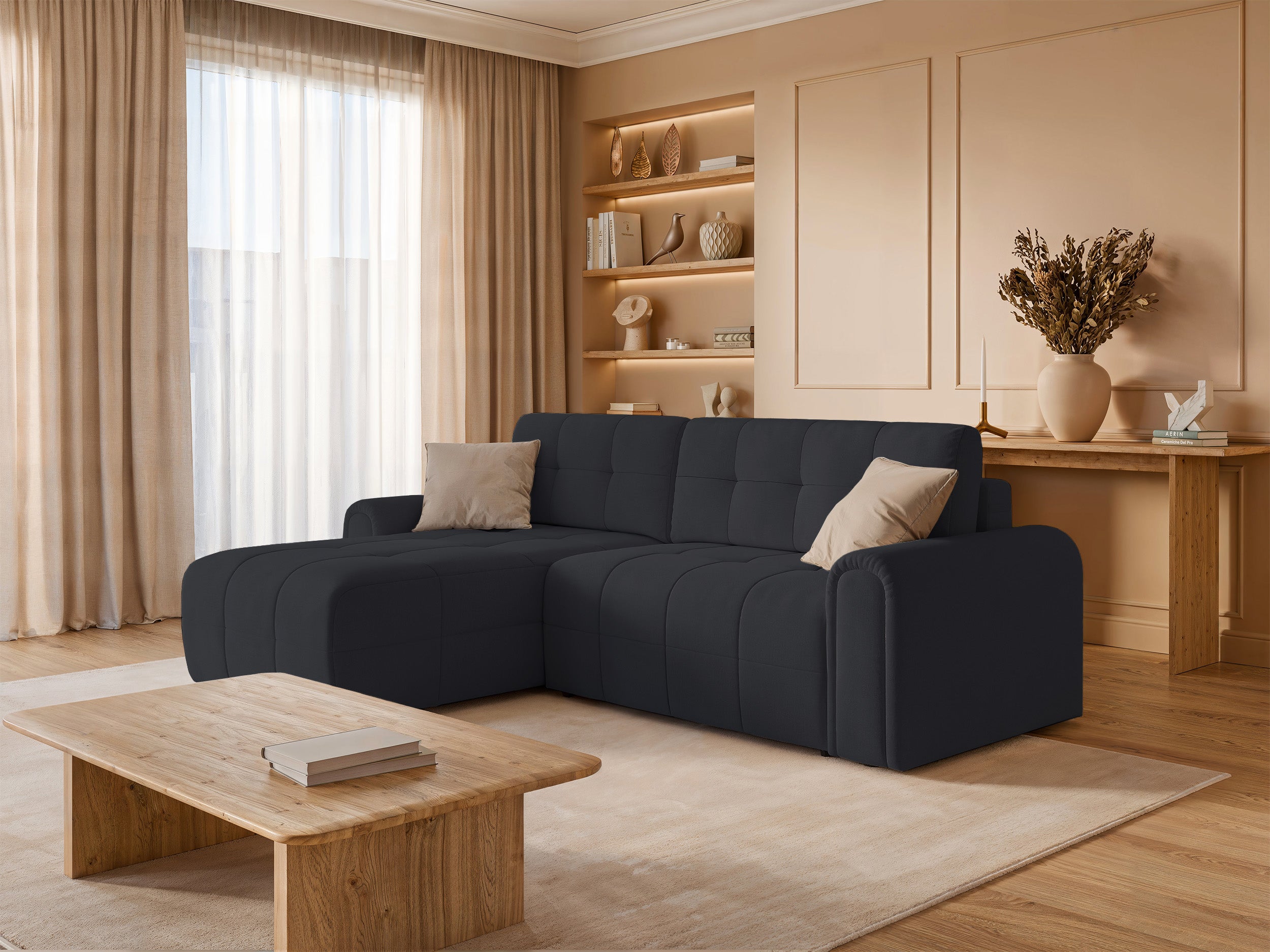 Ecksofa mit Schlaffunktion Simolla, L-förmig, linksseitig, mit Stauraum, dunkelgrauer Chenille-Stoff