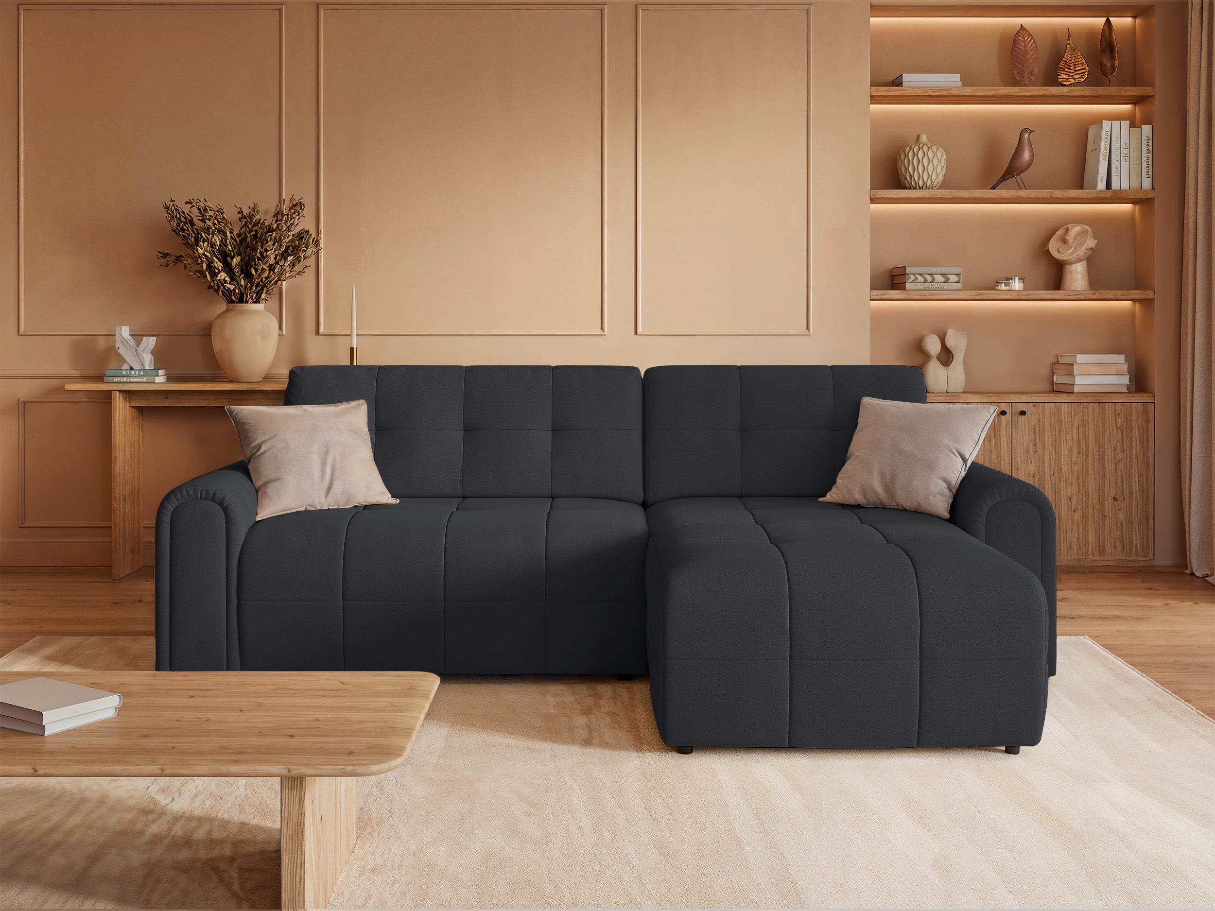 Ecksofa mit Schlafunktion Simolla, L-förmig, rechtsseitig, mit Stauraum, dunkelgrauer Chenille-Bezug