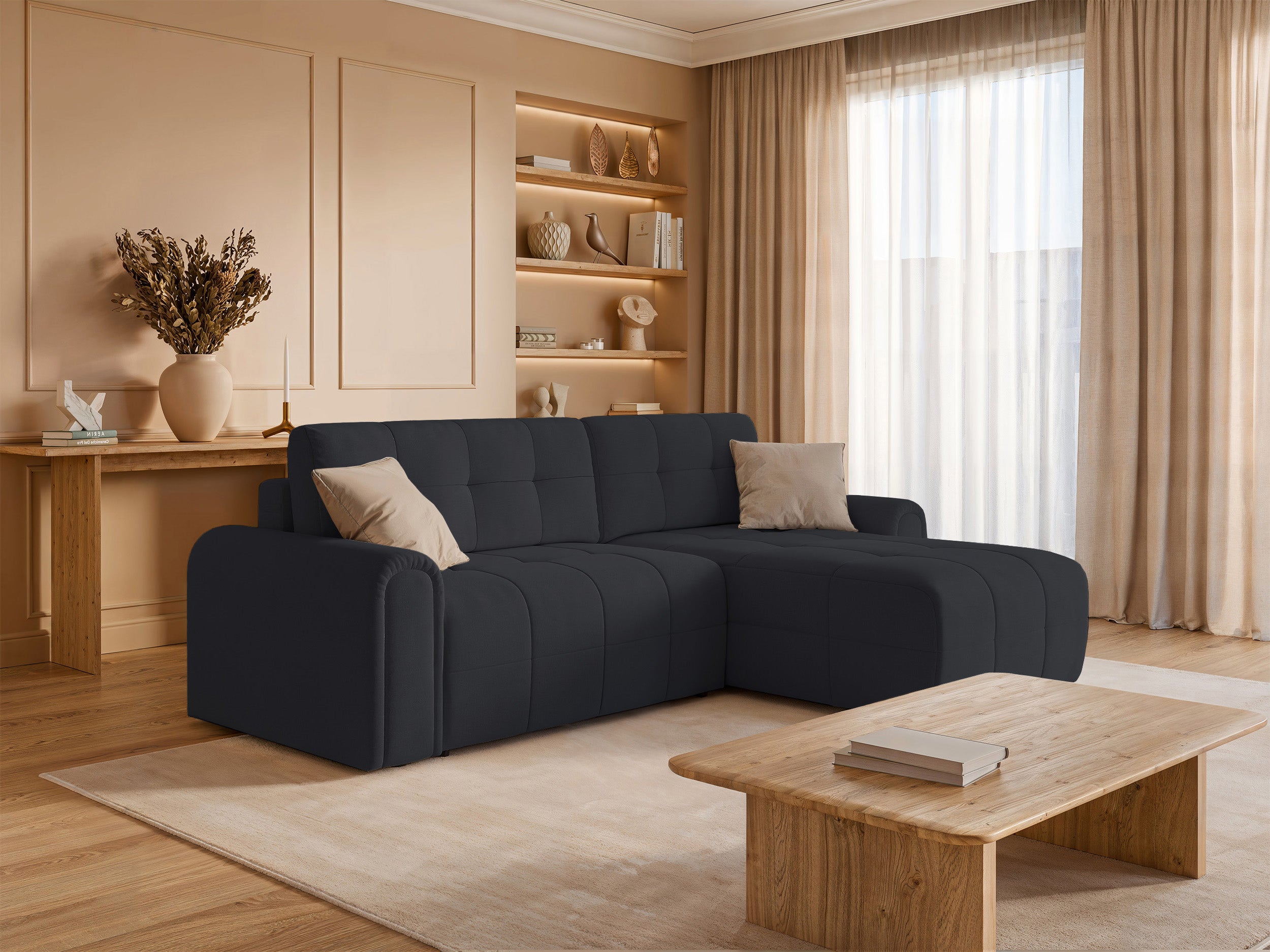Ecksofa mit Schlafunktion Simolla, L-förmig, rechtsseitig, mit Stauraum, dunkelgrauer Chenille-Bezug