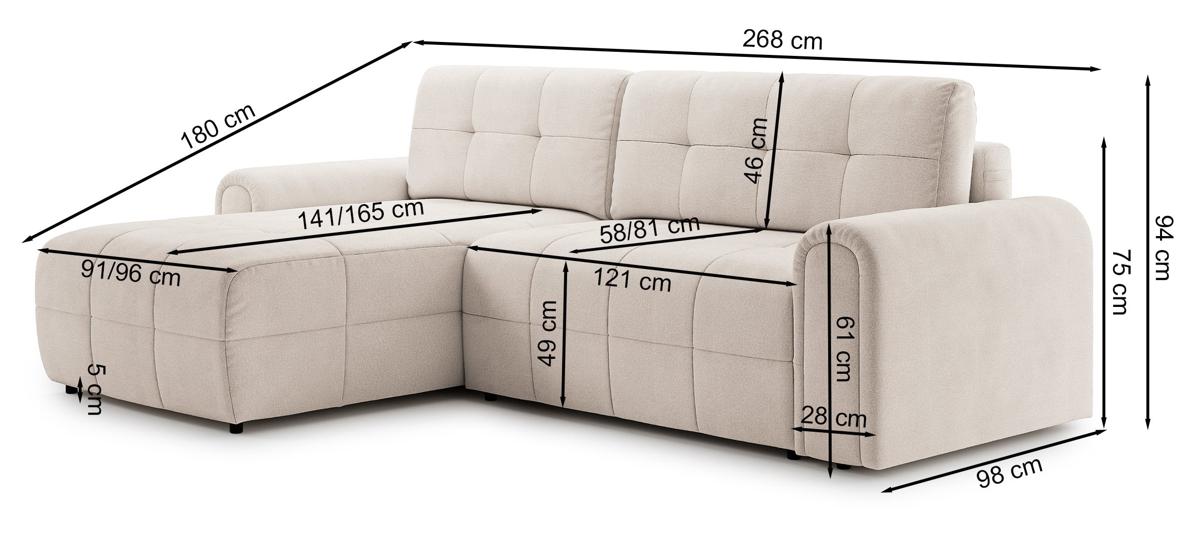 Ecksofa mit Schlaffunktion Simolla, L-förmig, rechtsseitig, mit Stauraum, grau-beiger Chenille-Bezug