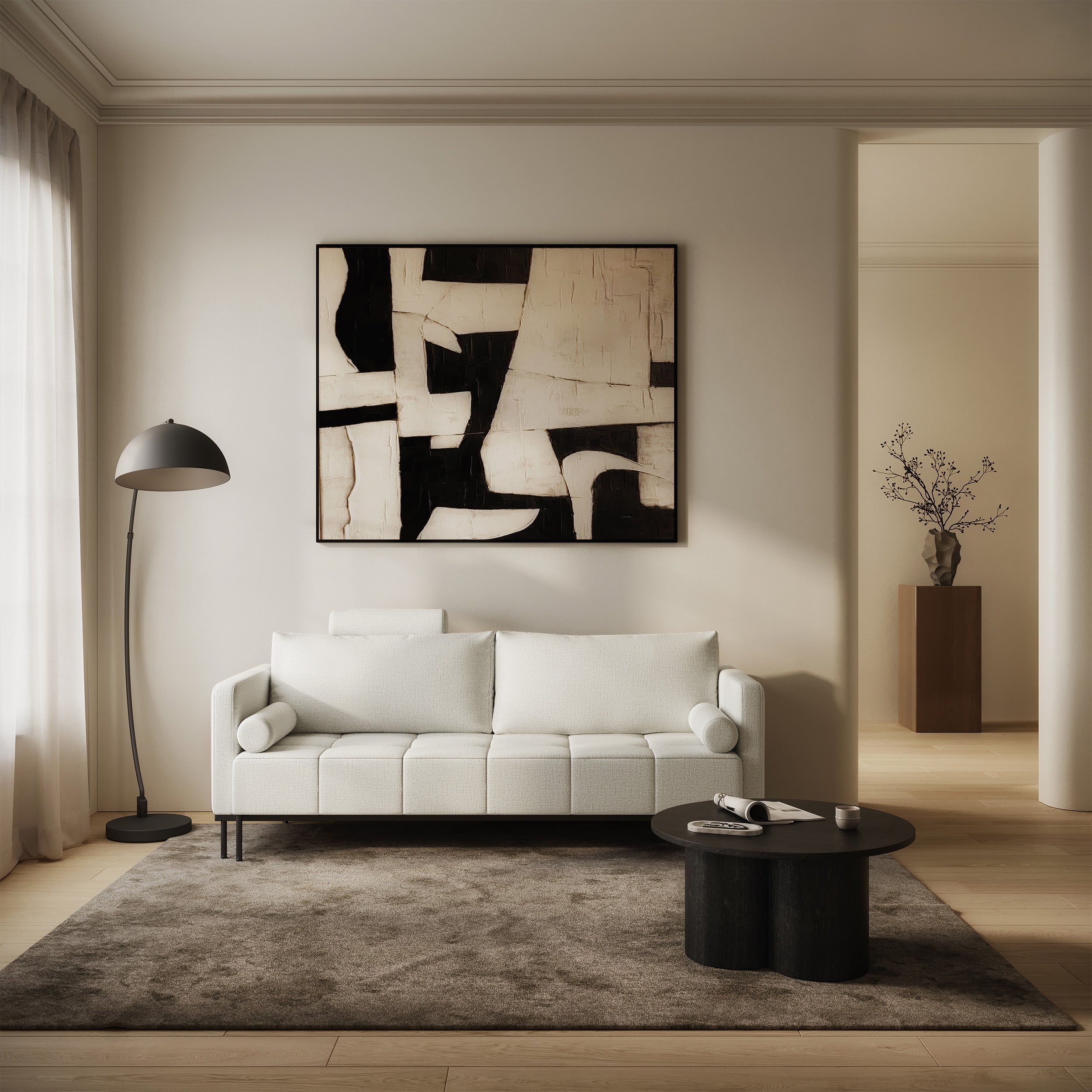 Dreisitziges ausklappbares Sofa Skilia in grau-beigem hydrophobem Chenille-Stoff