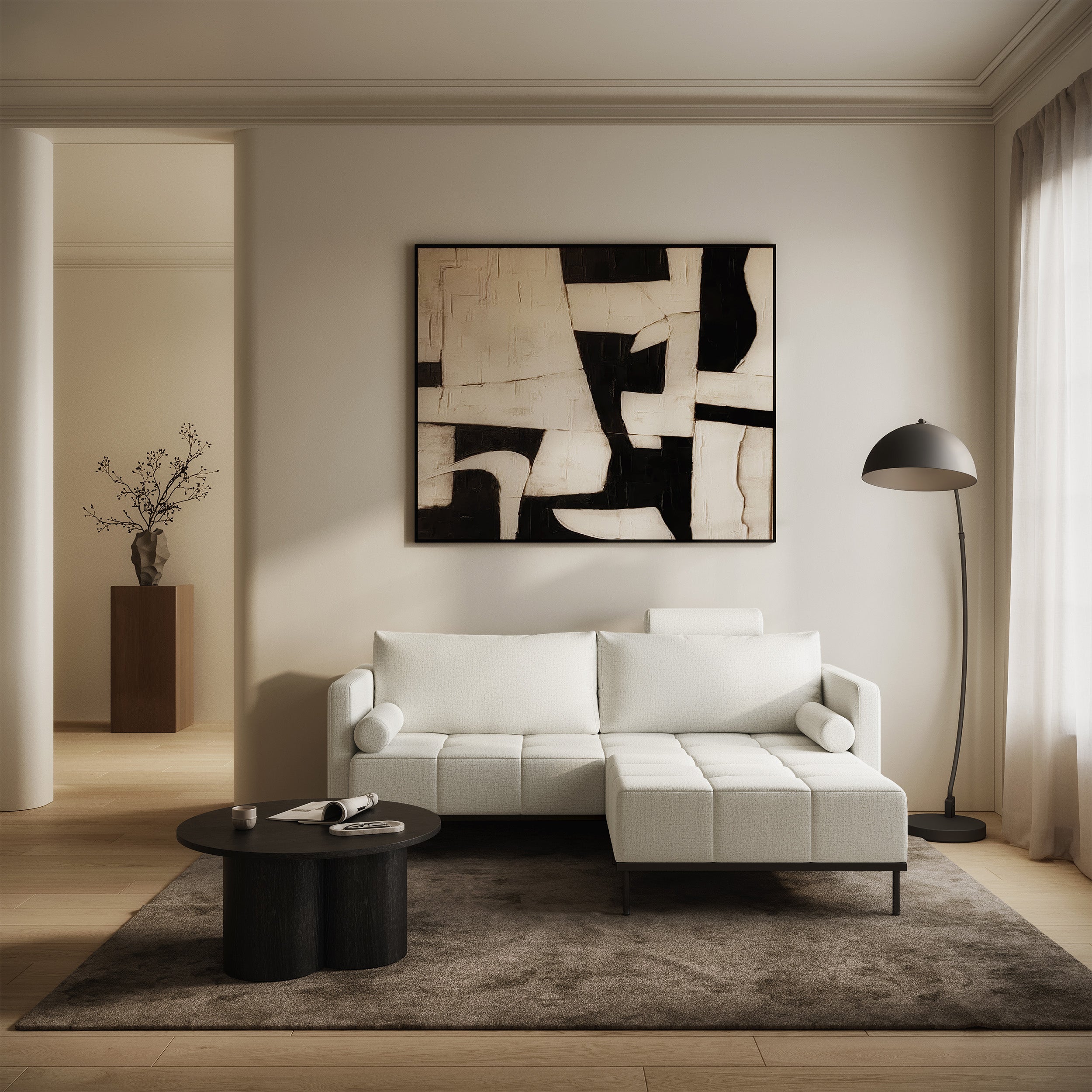 Dreisitziges ausklappbares Sofa Skilia mit Hocker, hellgraubeige, hydrophober Chenillestoff