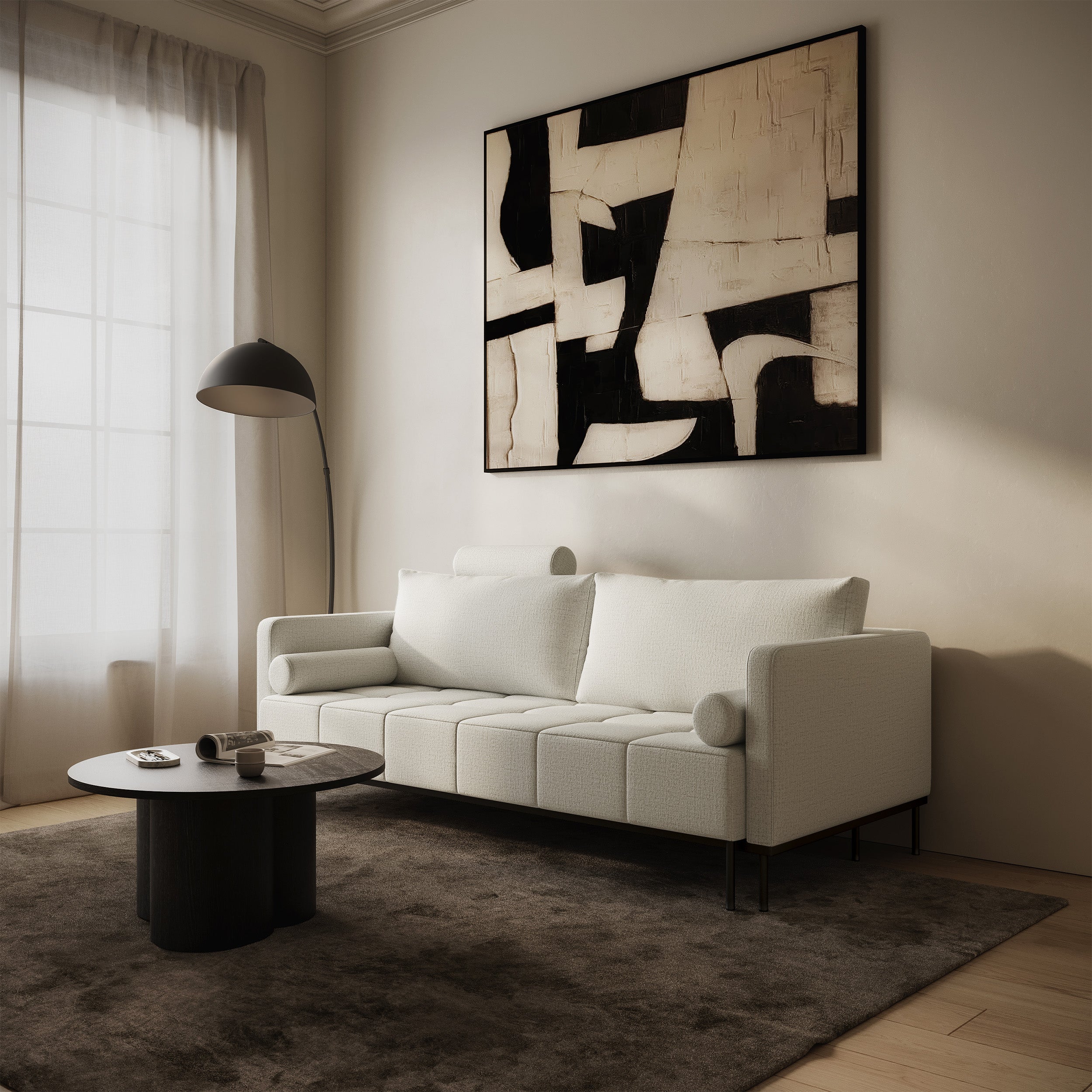 Dreisitziges ausklappbares Sofa Skilia in grau-beigem hydrophobem Chenille-Stoff