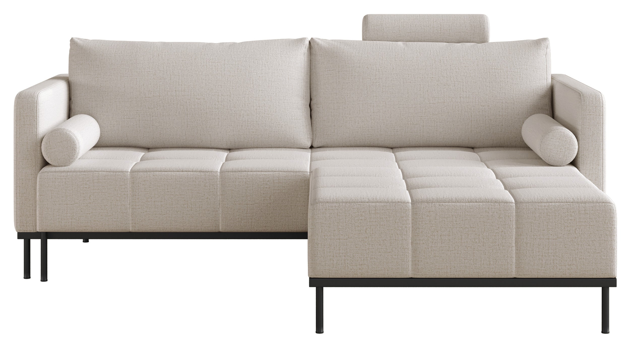 Dreisitziges ausklappbares Sofa Skilia mit Hocker, hellbeiger hydrophober Chenillestoff
