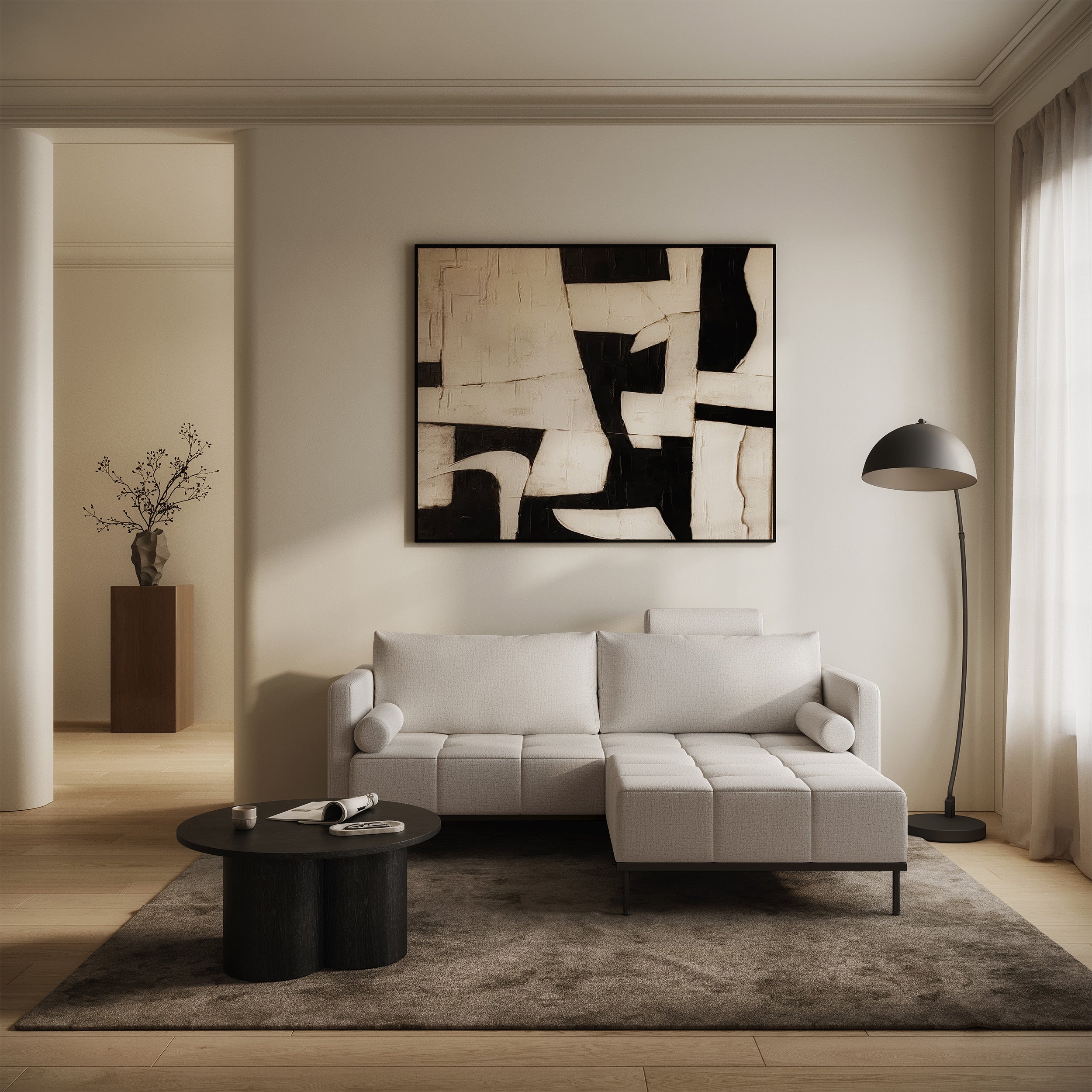 Dreisitziges ausklappbares Sofa Skilia mit Hocker, hellbeiger hydrophober Chenillestoff