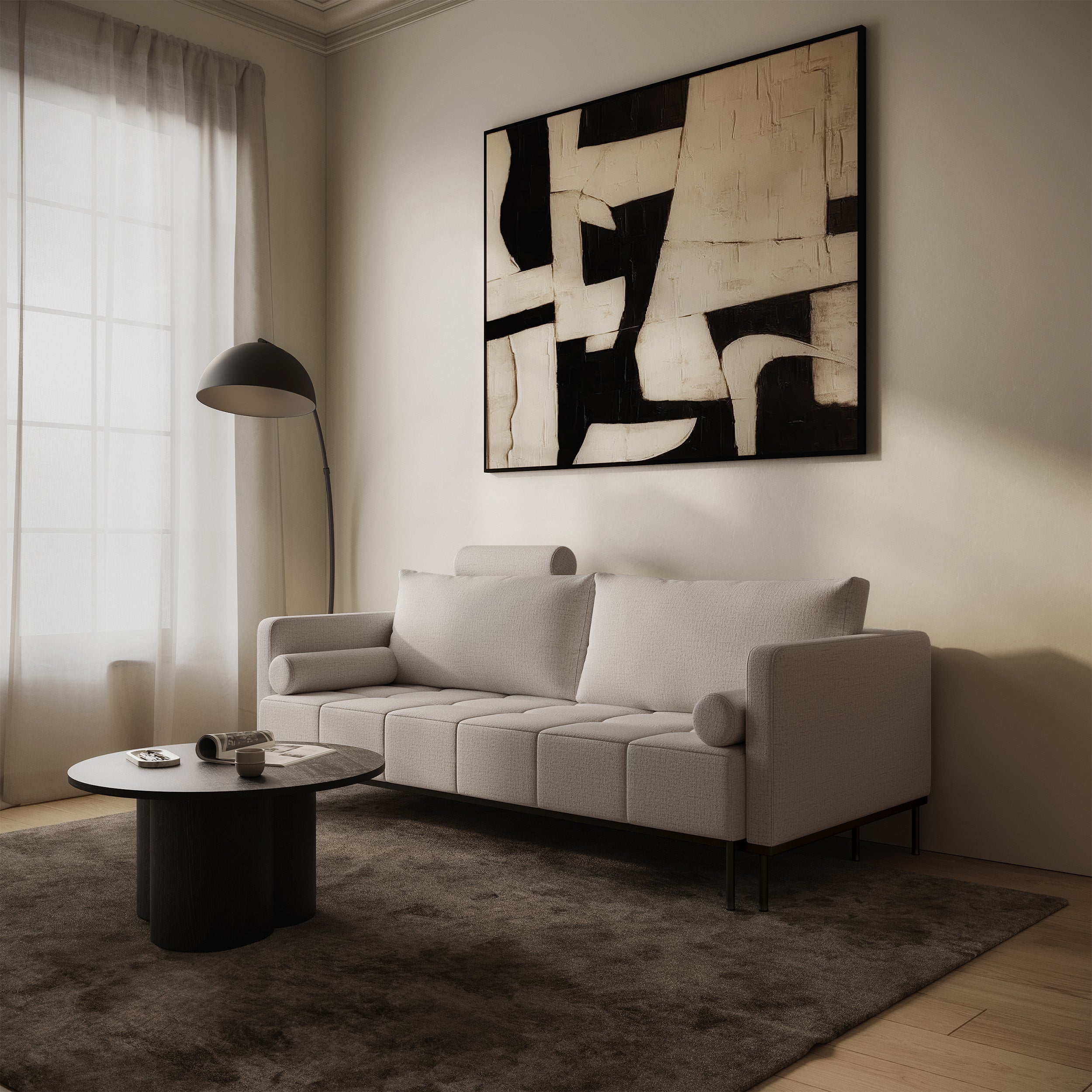 Dreisitziges ausziehbares Sofa Skilia in hellbeigem, hydrophobem Chenille-Stoff