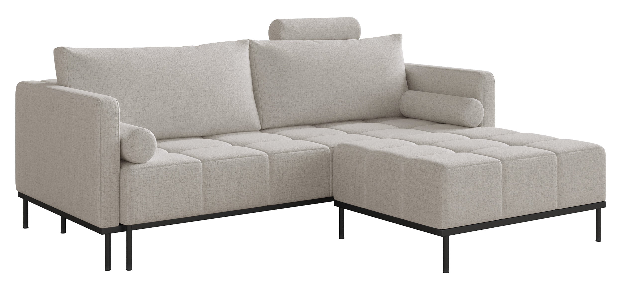 Dreisitziges ausklappbares Sofa Skilia mit Hocker, hellbeiger hydrophober Chenillestoff