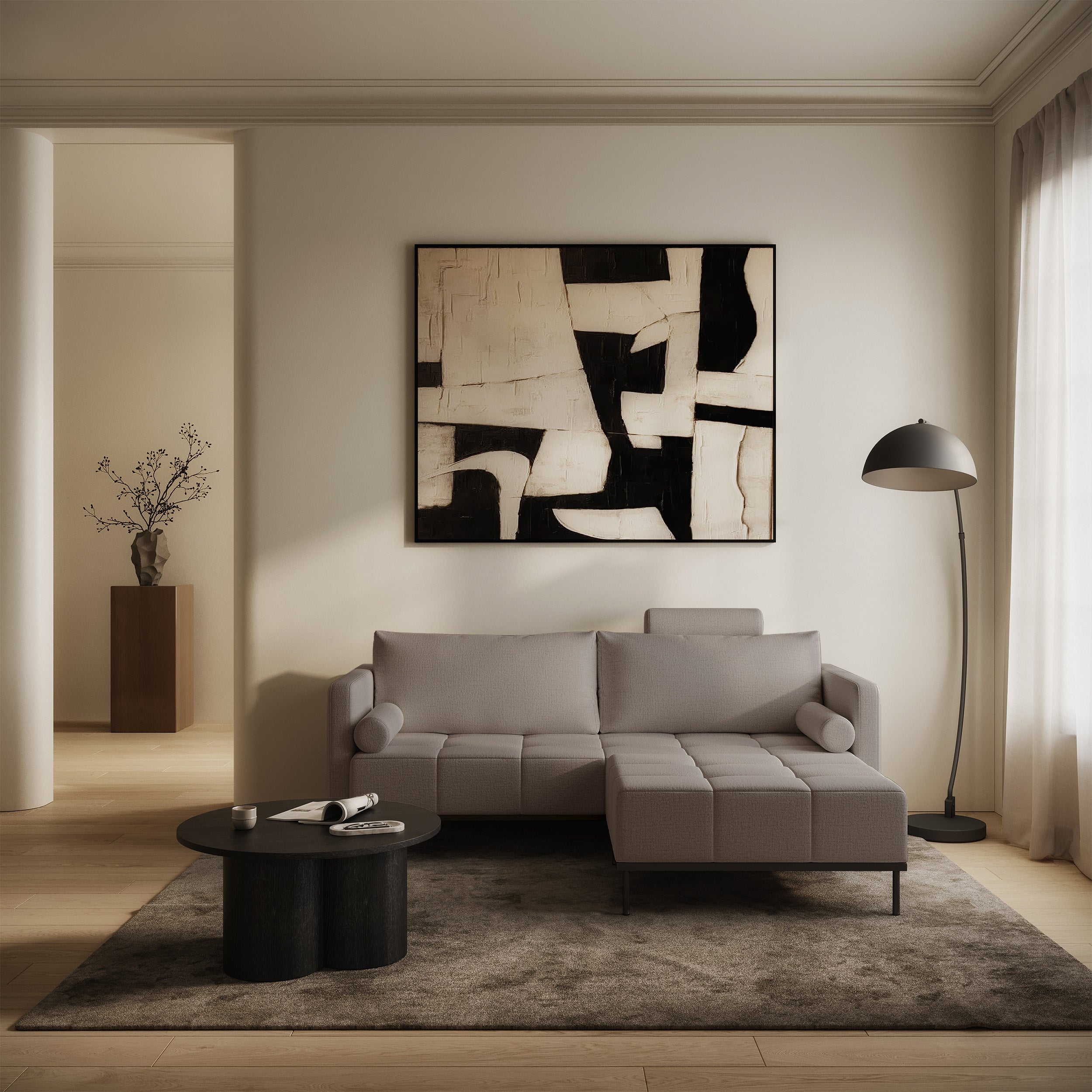 Dreisitziges ausklappbares Sofa Skilia mit Hocker, graubrauner hydrophober Chenille-Stoff