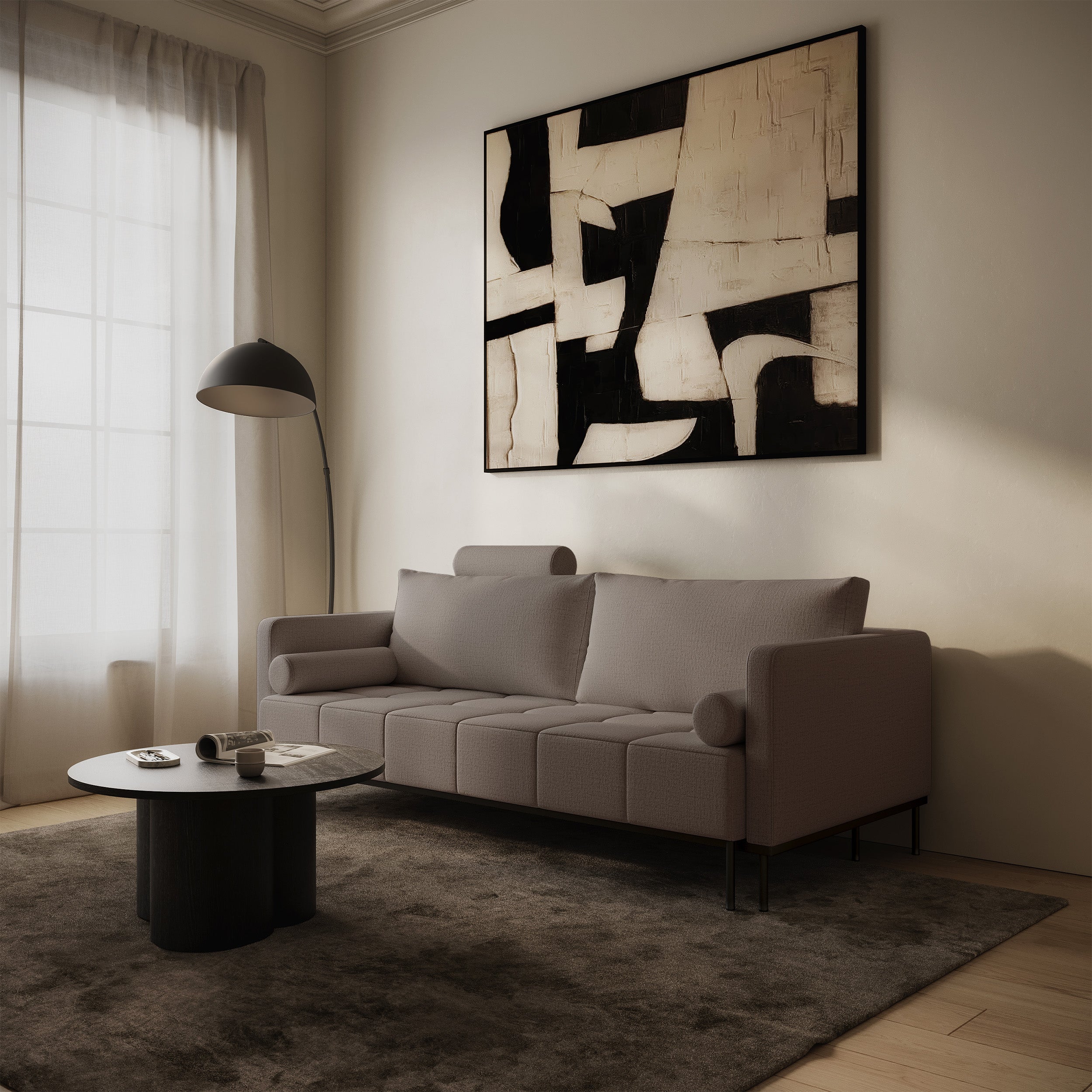 Dreisitziges ausklappbares Sofa Skilia in graubraunem, hydrophobem Chenille-Stoff