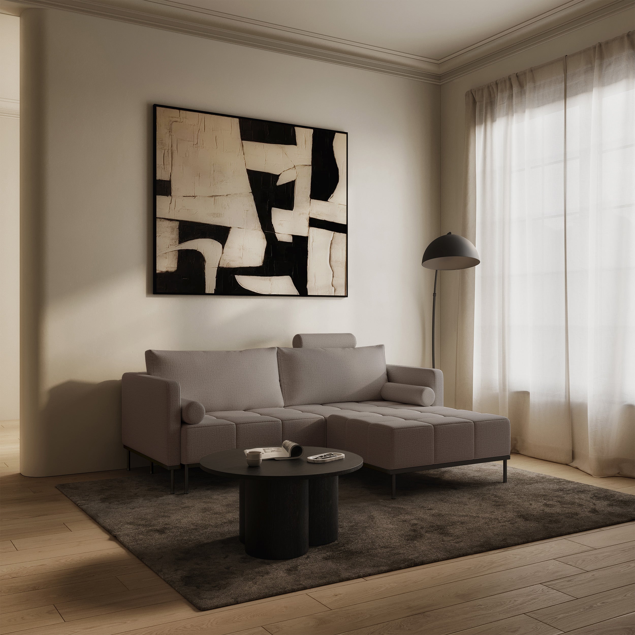 Dreisitziges ausklappbares Sofa Skilia mit Hocker, graubrauner hydrophober Chenille-Stoff