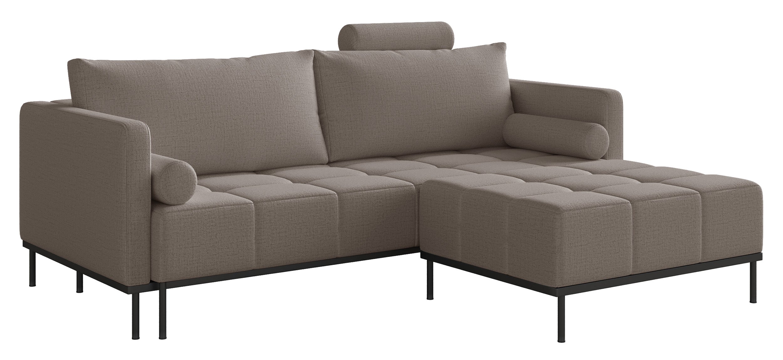 Dreisitziges ausklappbares Sofa Skilia mit Hocker, graubrauner hydrophober Chenille-Stoff