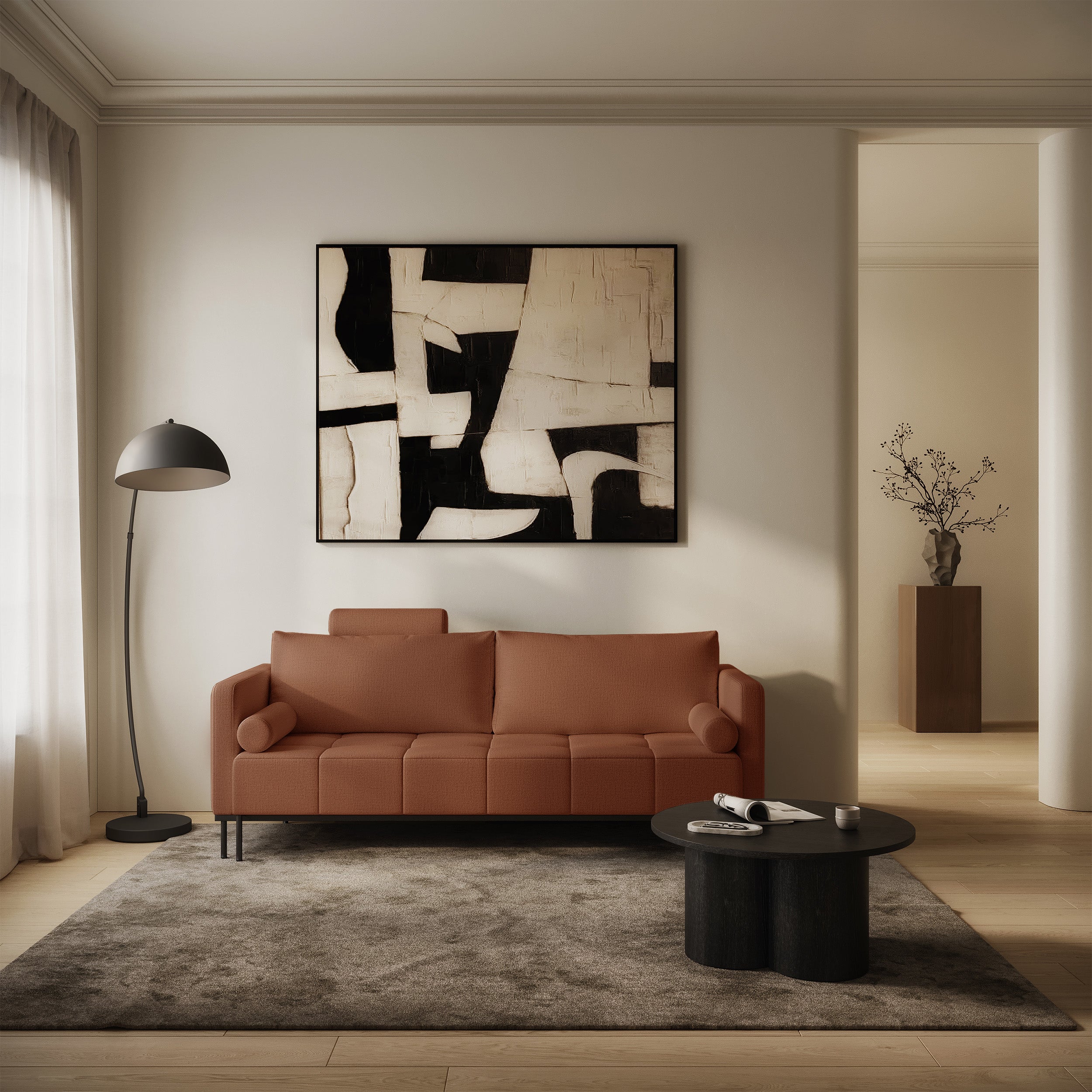 Dreisitziges ausklappbares Sofa Skilia in kupferfarbenem, hydrophobem Chenille-Stoff