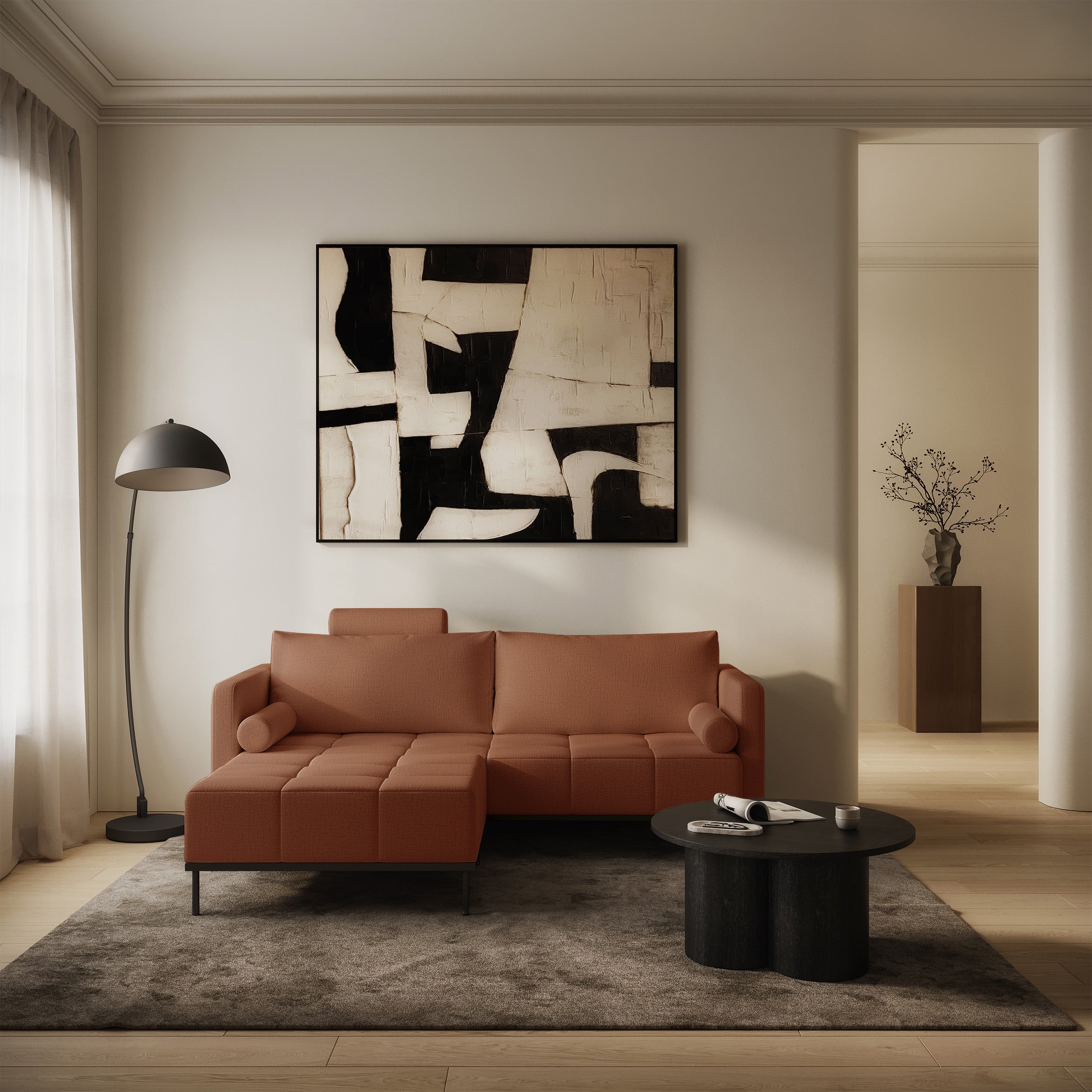 Dreisitziges ausklappbares Sofa Skilia in kupferfarbenem, hydrophobem Chenille-Stoff