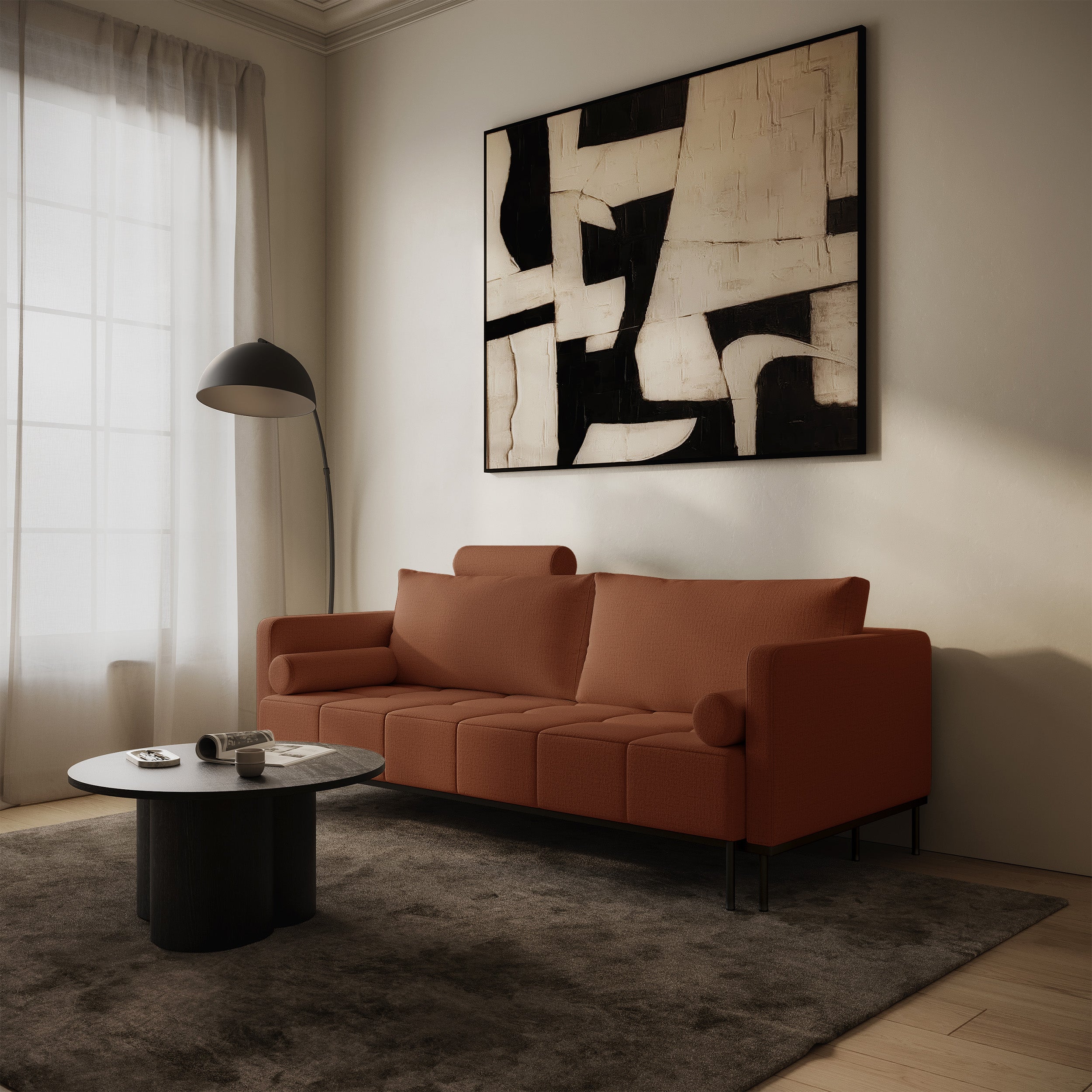 Dreisitziges ausklappbares Sofa Skilia in kupferfarbenem, hydrophobem Chenille-Stoff