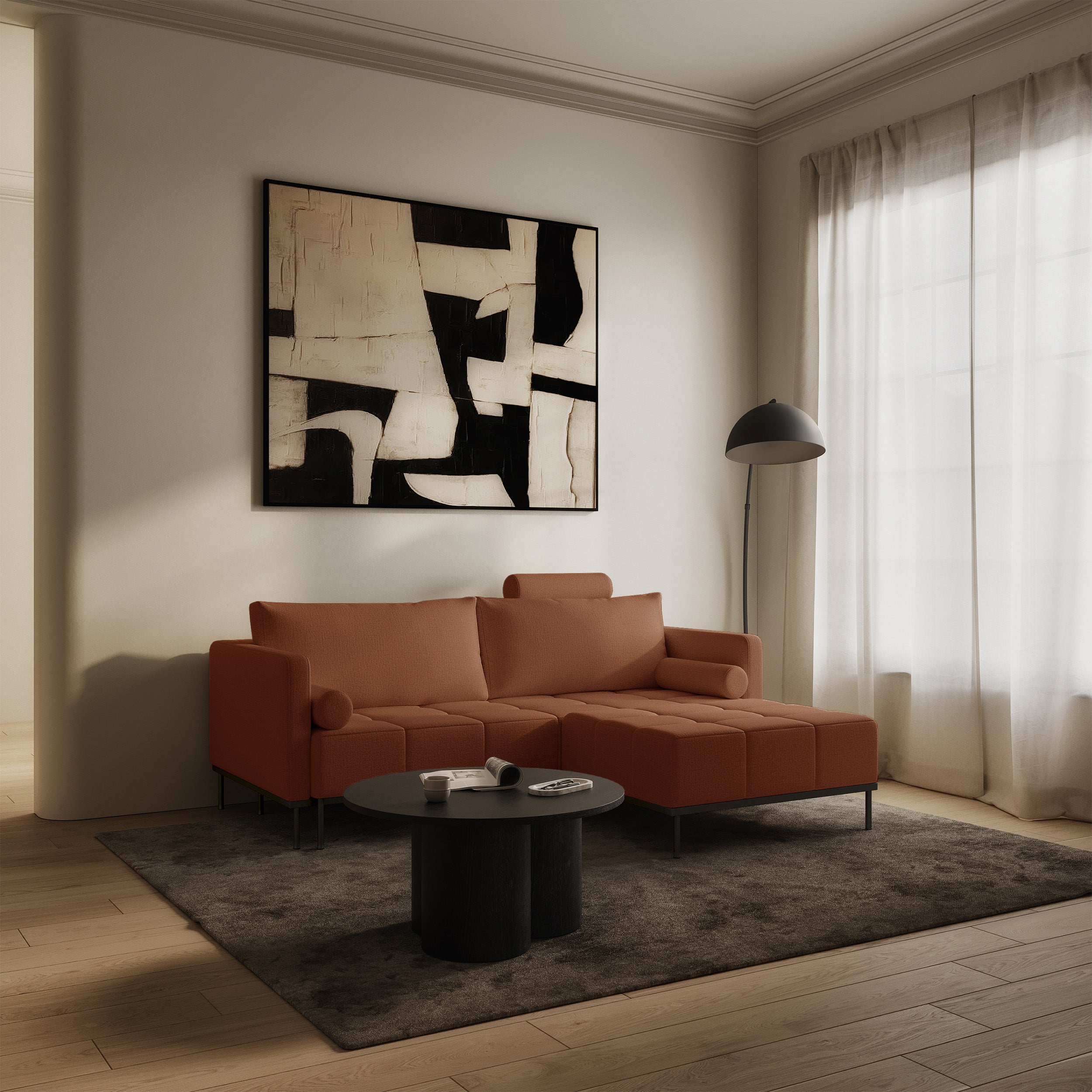 Dreisitziges ausklappbares Sofa Skilia in kupferfarbenem, hydrophobem Chenille-Stoff