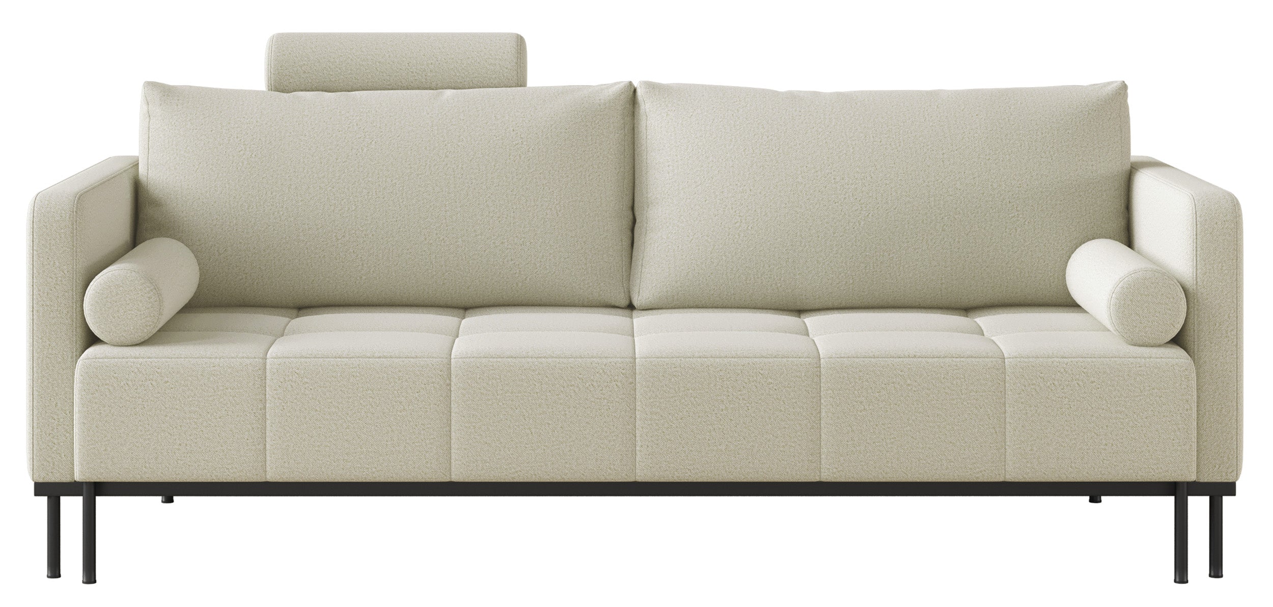 Dreisitziges ausklappbares Sofa Skilia mit Hocker, hellbeiger, leicht zu reinigender Strickstoff