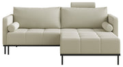 Dreisitziges ausklappbares Sofa Skilia mit Hocker, hellbeiger, leicht zu reinigender Strickstoff