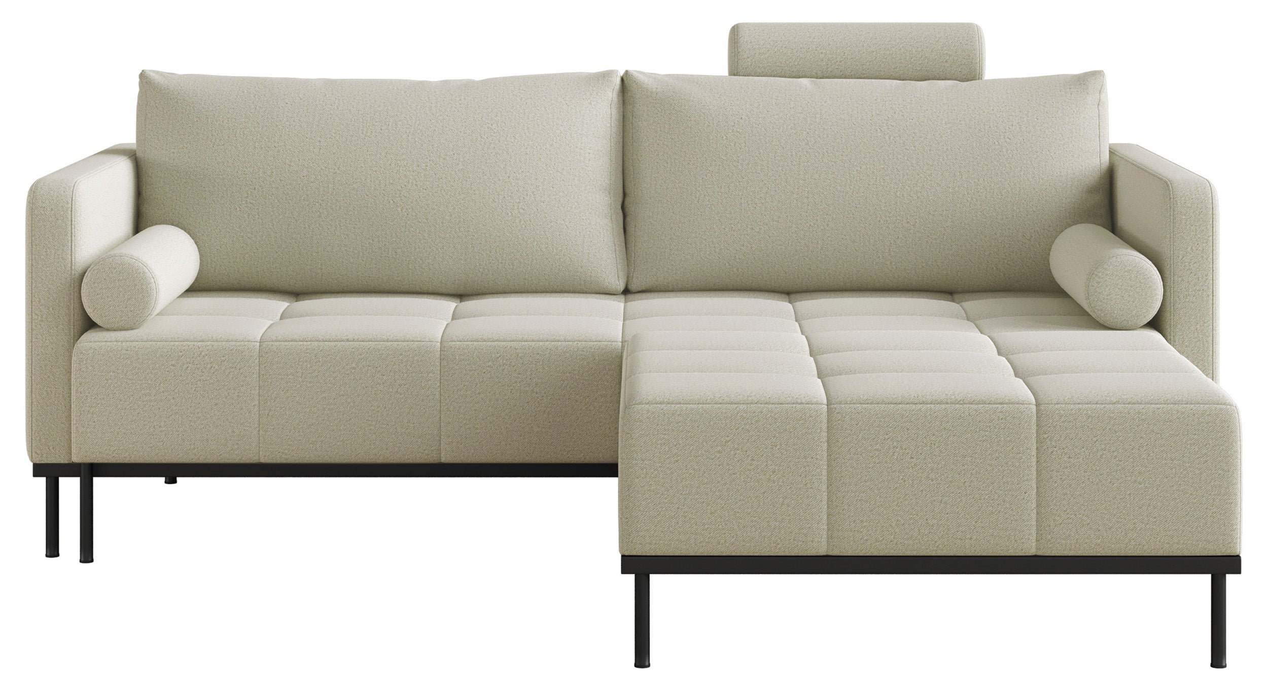Dreisitziges ausklappbares Sofa Skilia mit Hocker, hellbeiger, leicht zu reinigender Strickstoff