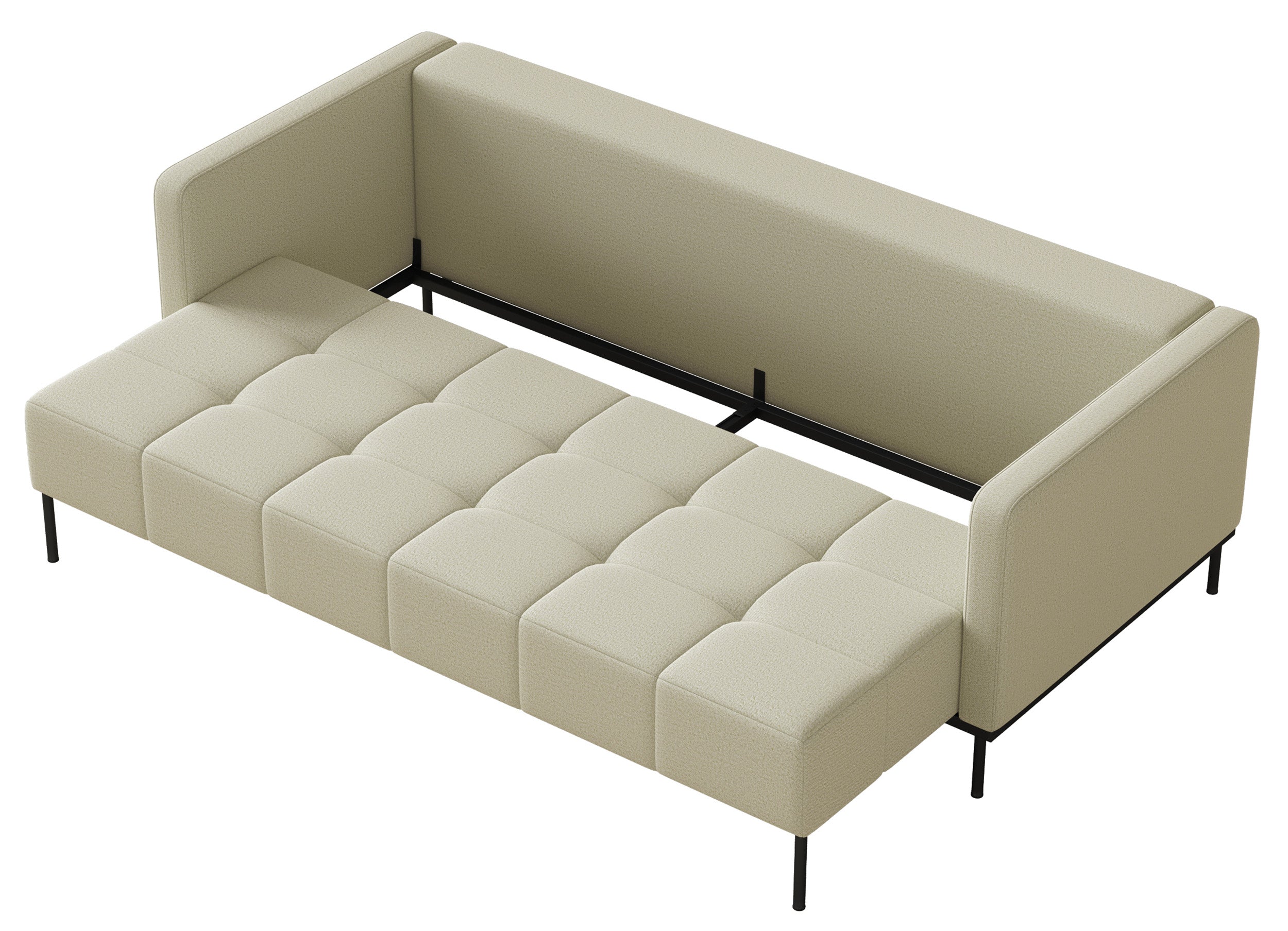 Dreisitziges ausklappbares Sofa Skilia mit Hocker, hellbeiger, leicht zu reinigender Strickstoff