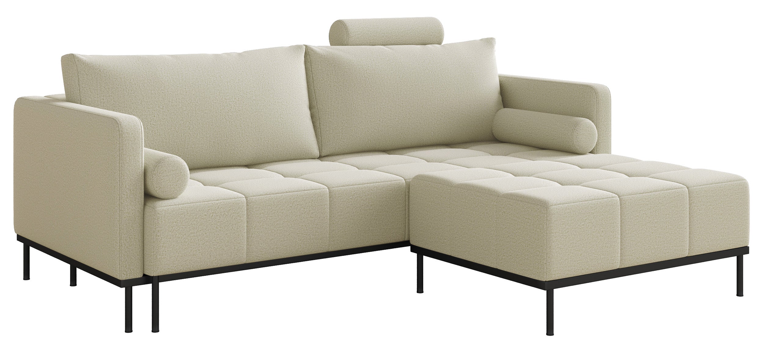 Dreisitziges ausklappbares Sofa Skilia mit Hocker, hellbeiger, leicht zu reinigender Strickstoff