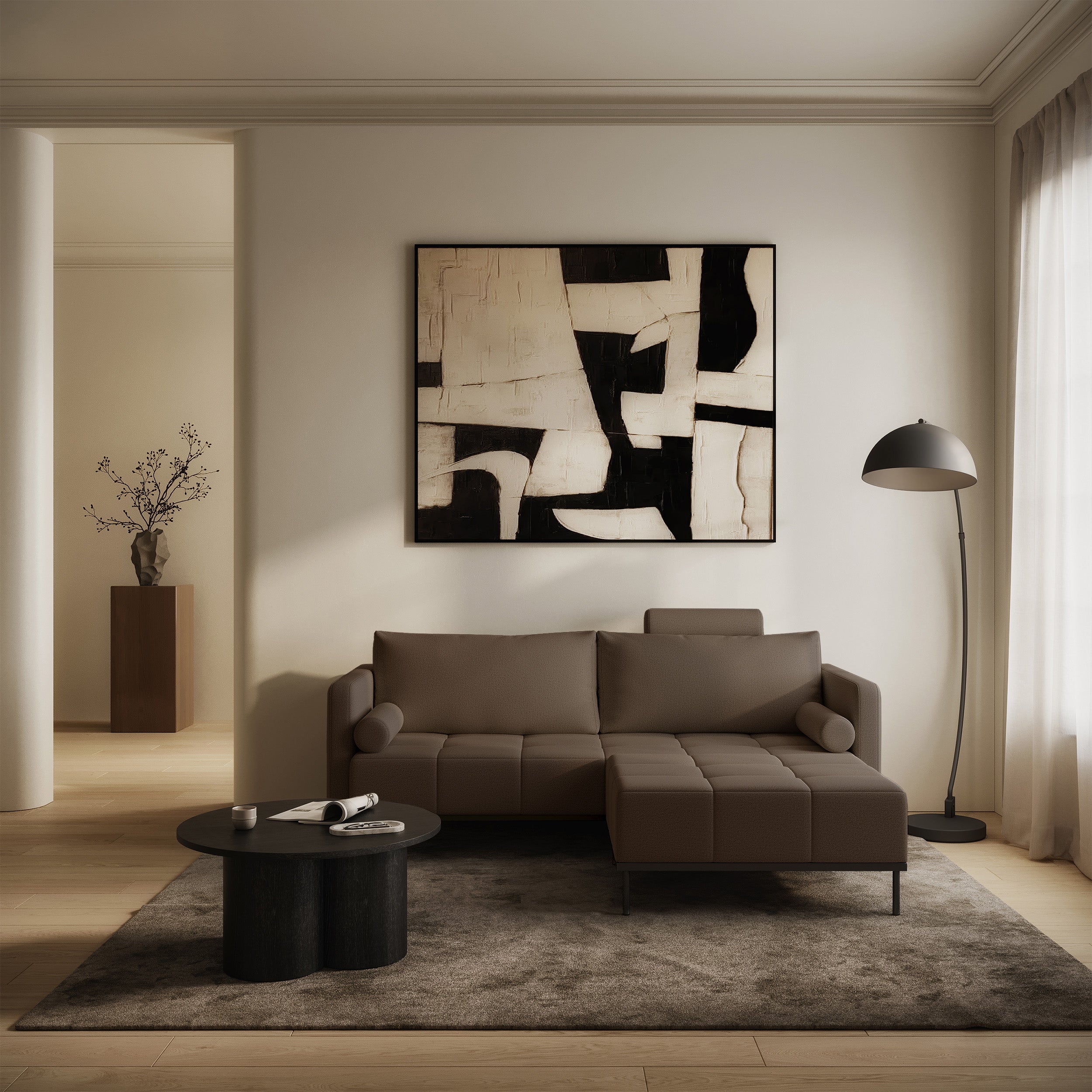 Dreisitziges ausklappbares Sofa Skilia mit Hocker, brauner, leicht zu reinigender Strickstoff