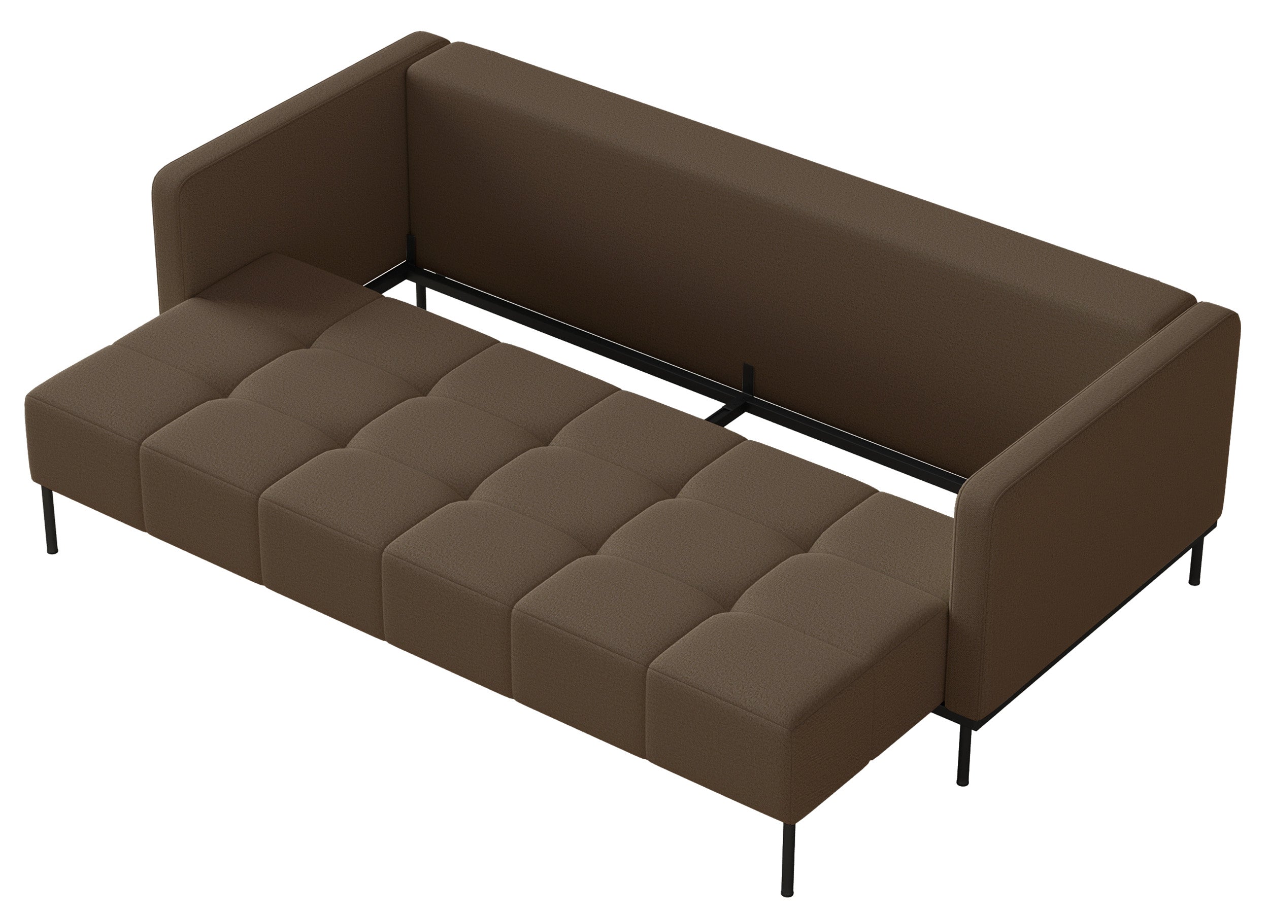 Dreisitziges ausklappbares Sofa Skilia mit Hocker, brauner, leicht zu reinigender Strickstoff
