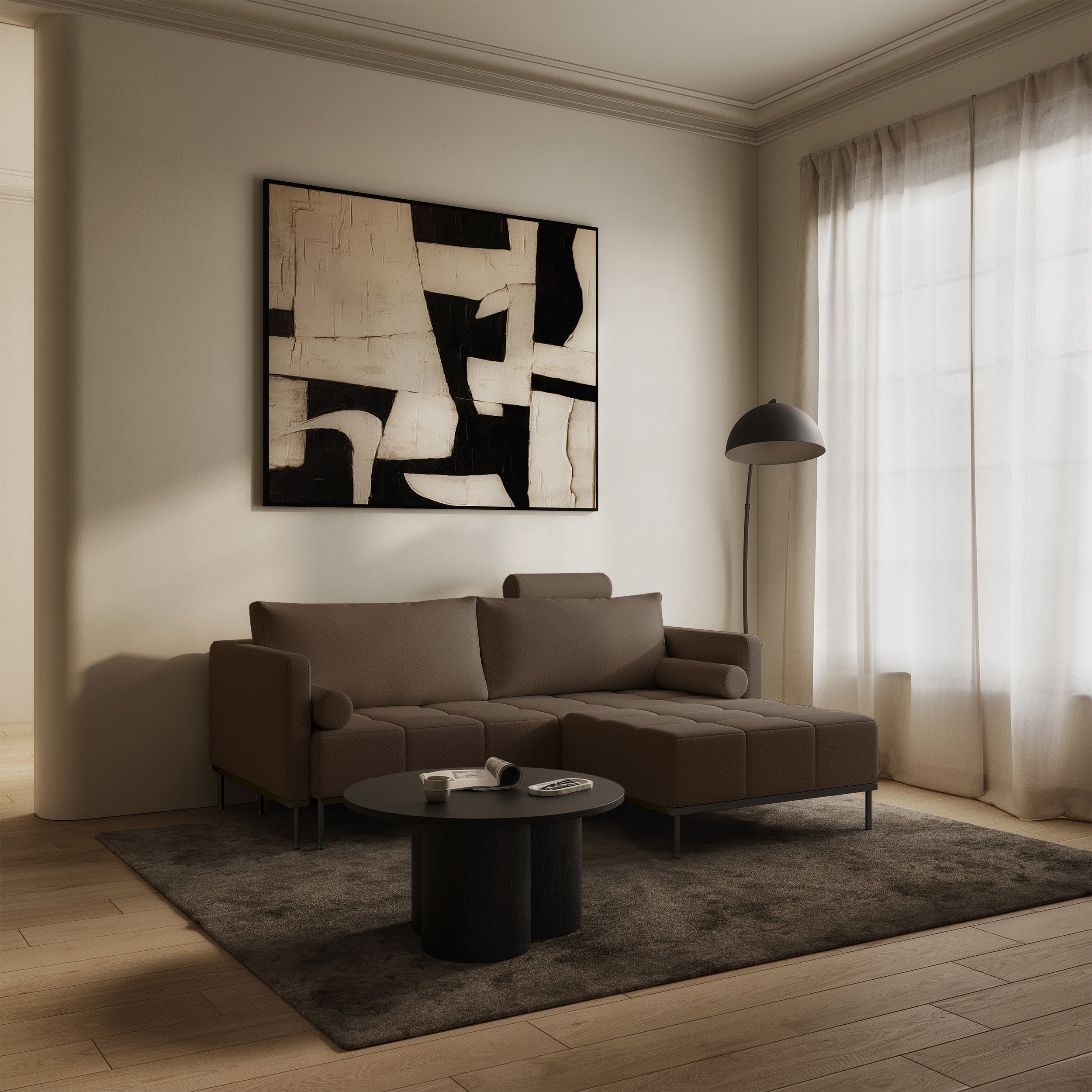 Dreisitziges ausklappbares Sofa Skilia mit Hocker, brauner, leicht zu reinigender Strickstoff