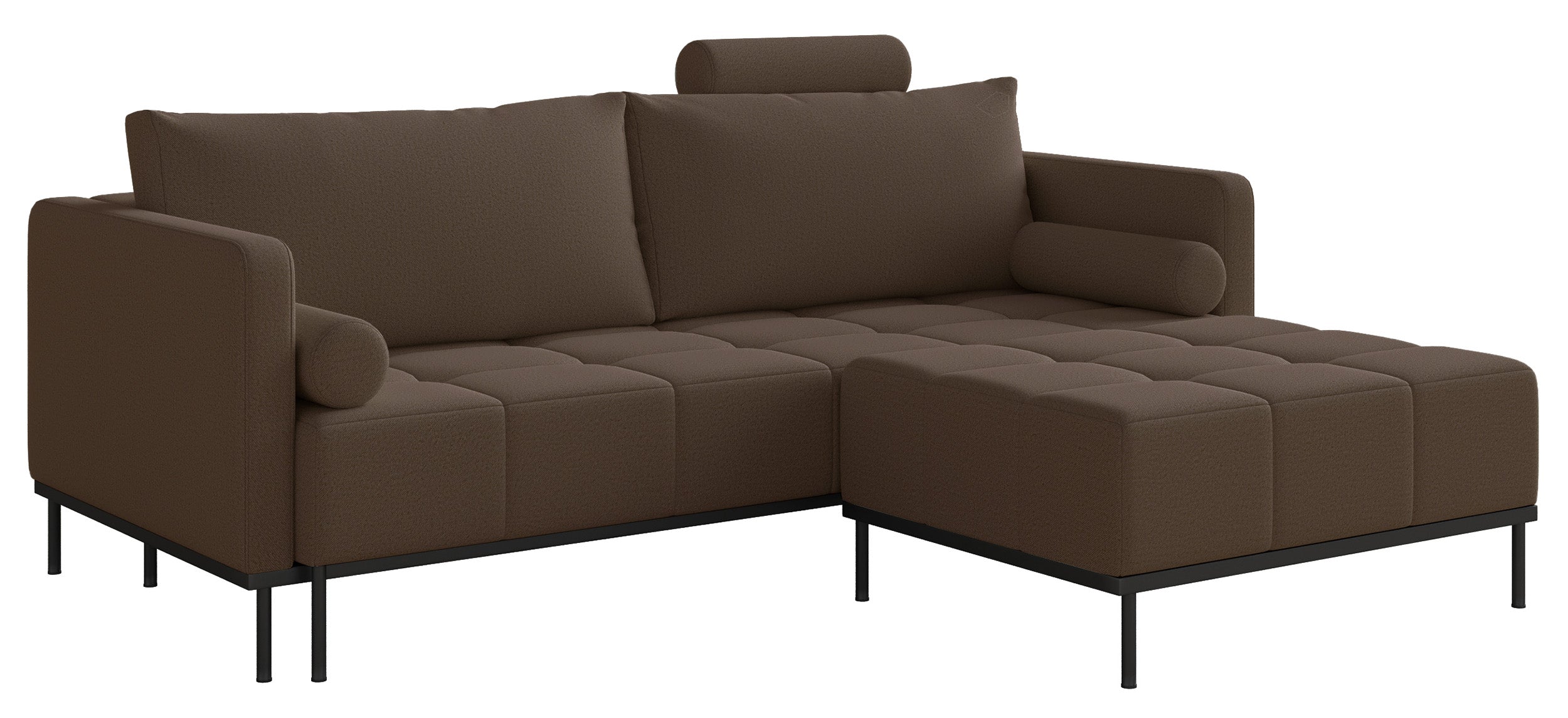 Dreisitziges ausklappbares Sofa Skilia mit Hocker, brauner, leicht zu reinigender Strickstoff