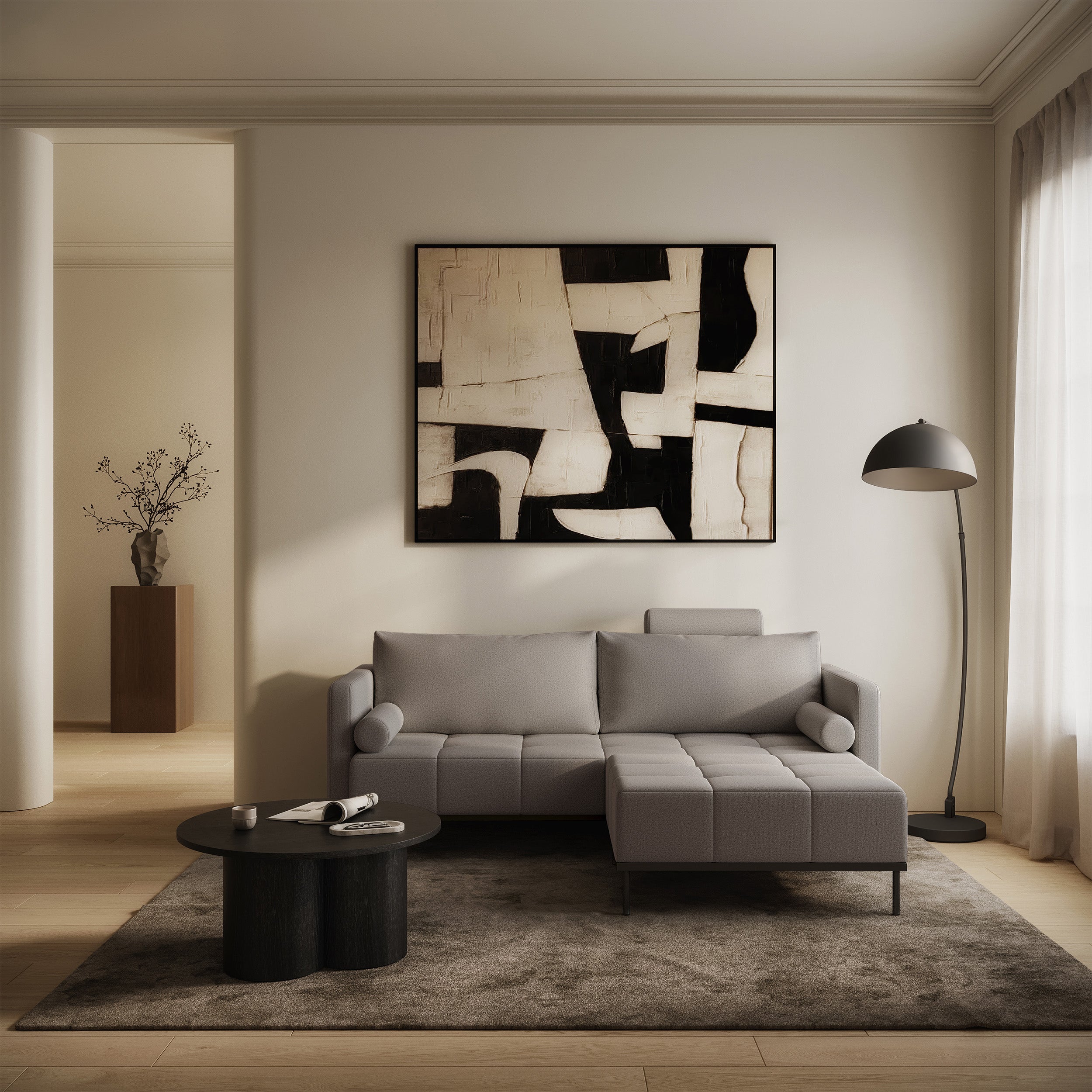 Dreisitziges ausklappbares Sofa Skilia mit Hocker, grauer, pflegeleichter Strickstoff