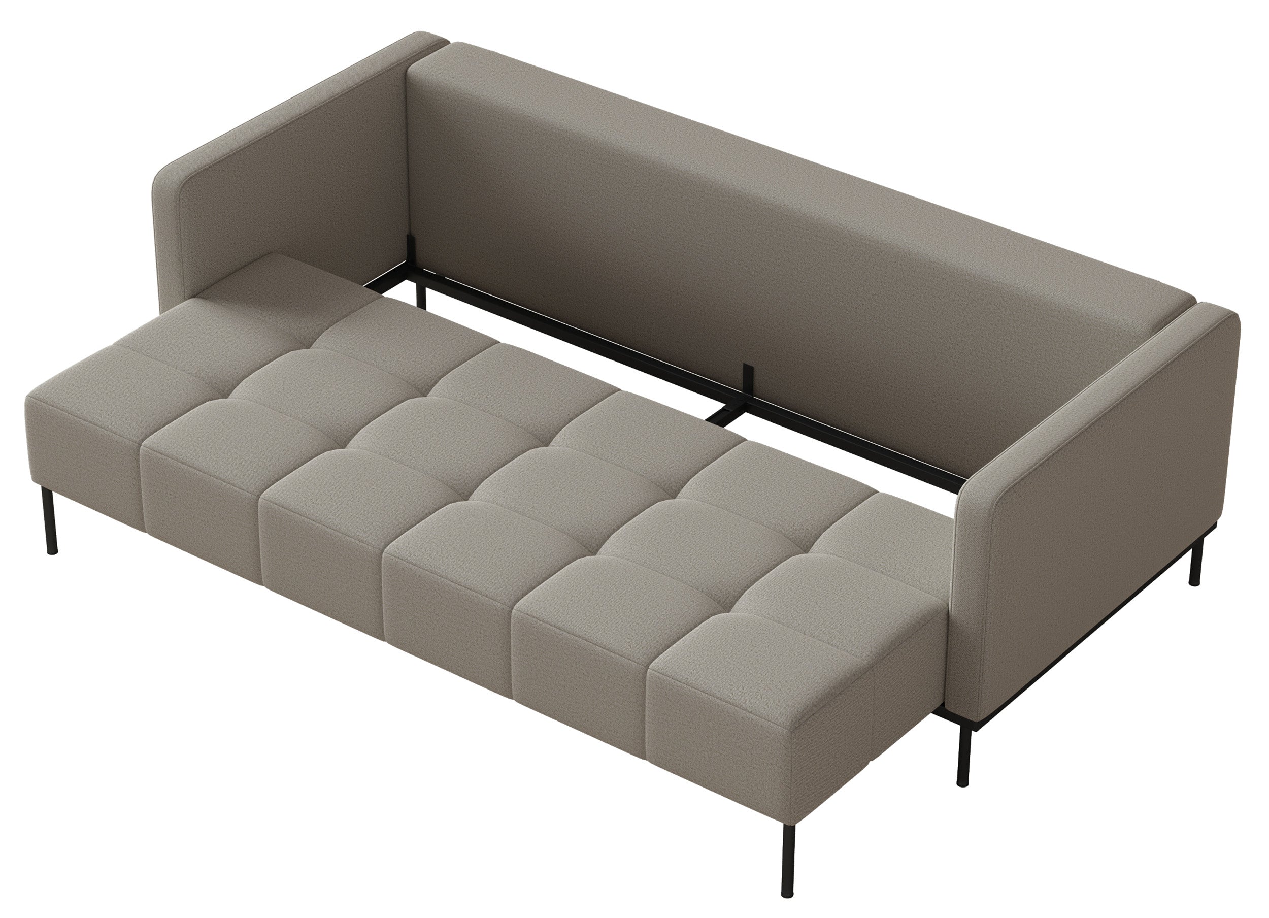 Dreisitziges ausklappbares Sofa Skilia mit Hocker, grauer, pflegeleichter Strickstoff
