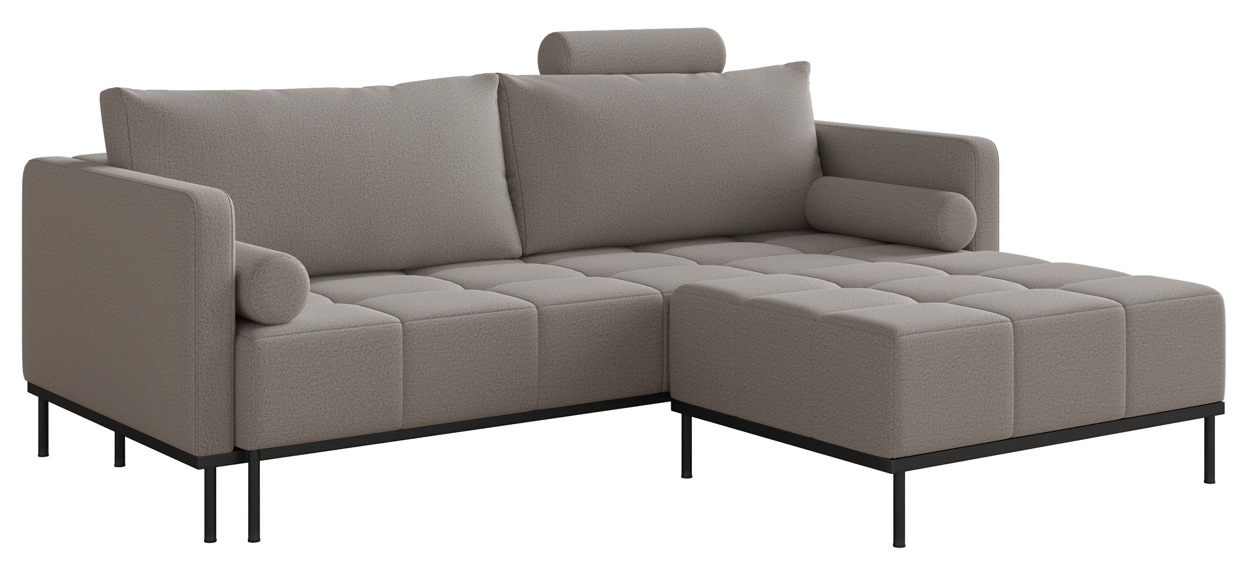 Dreisitziges ausklappbares Sofa Skilia mit Hocker, grauer, pflegeleichter Strickstoff